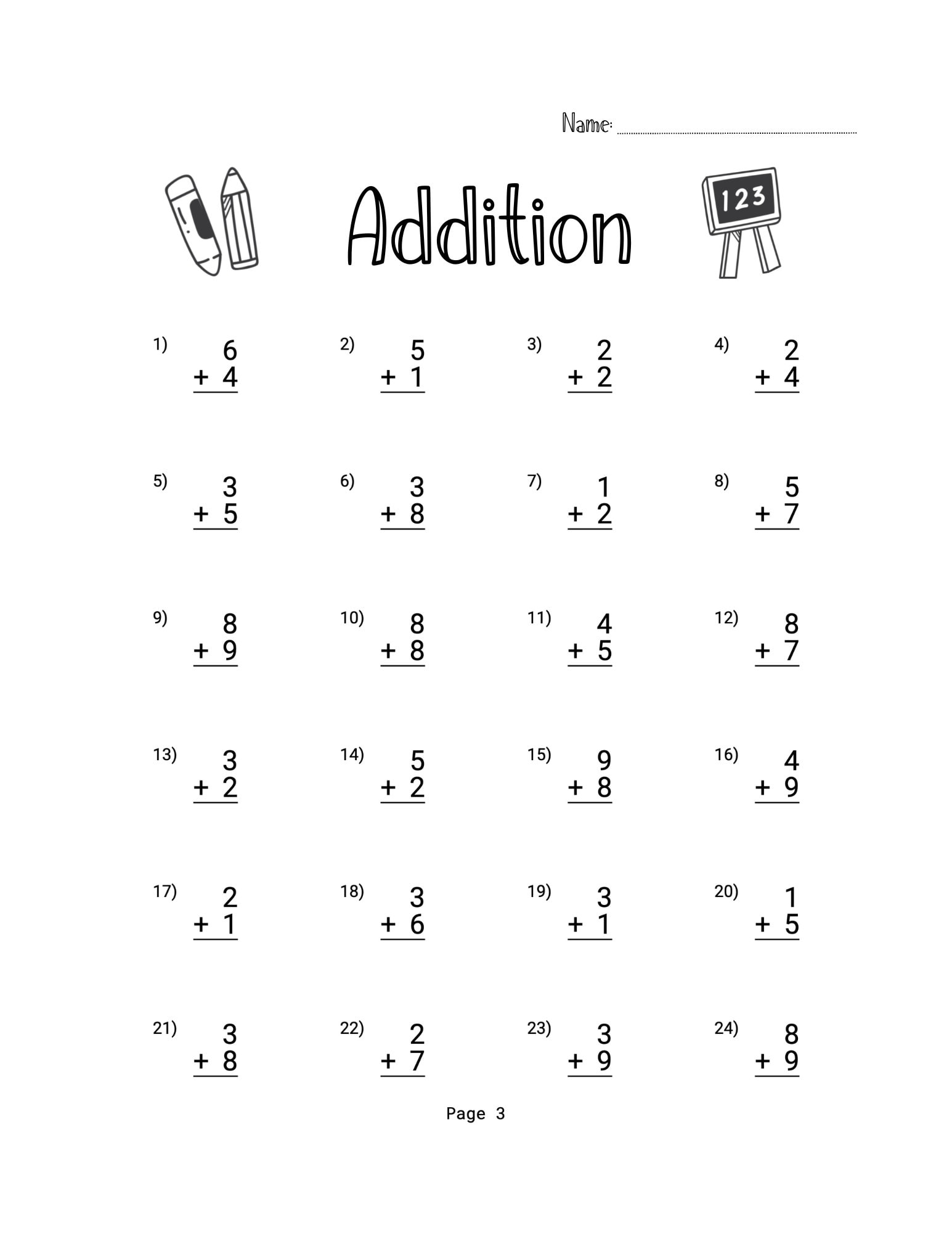 10 Printable Addition Worksheets Numbers 1 9 Answer Key Included 