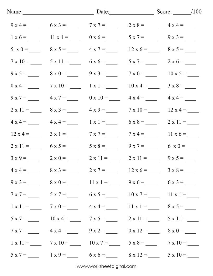 10 Printable Math Drills Multiplication Timetable 0 To 12