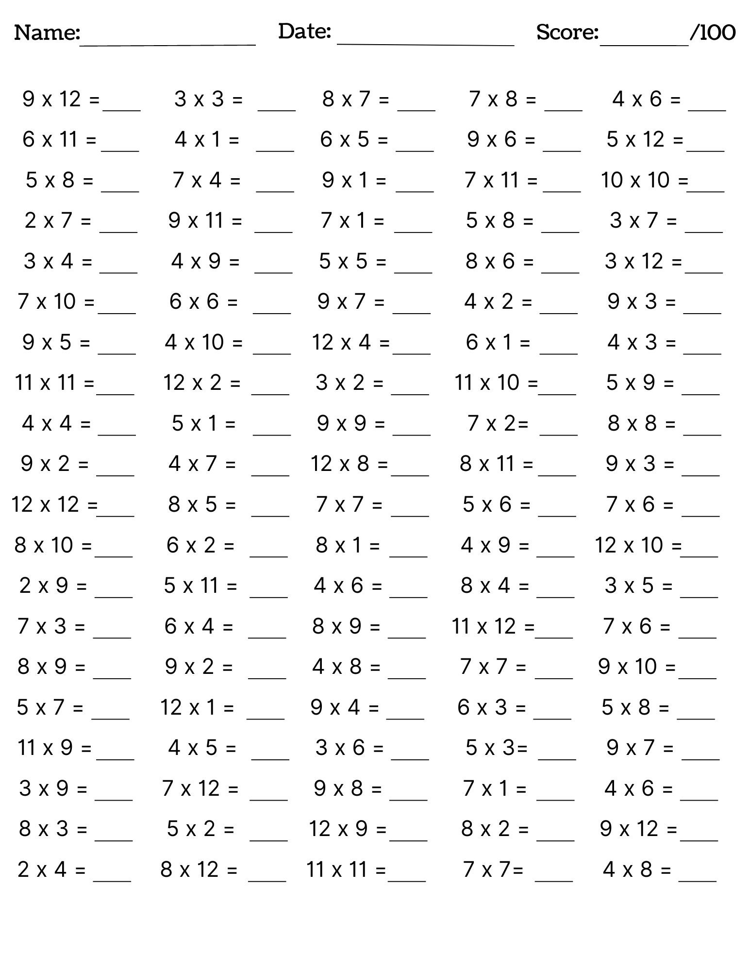 Free Printable Multiplication Worksheets 1-9