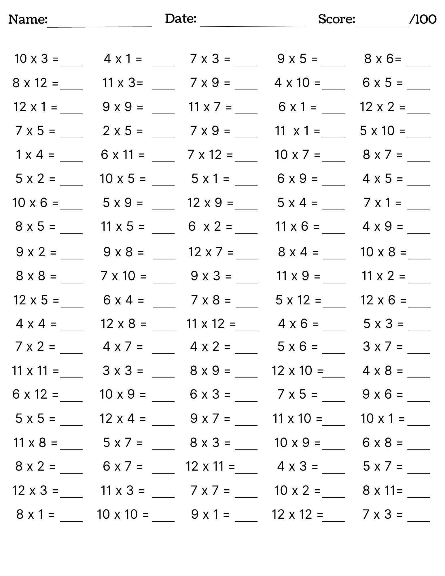 10 Printable Multiplication Worksheets Fill In The Blanks Single Digit Multiplication numbers 1 12 Maths Drills Answers Included Etsy Australia