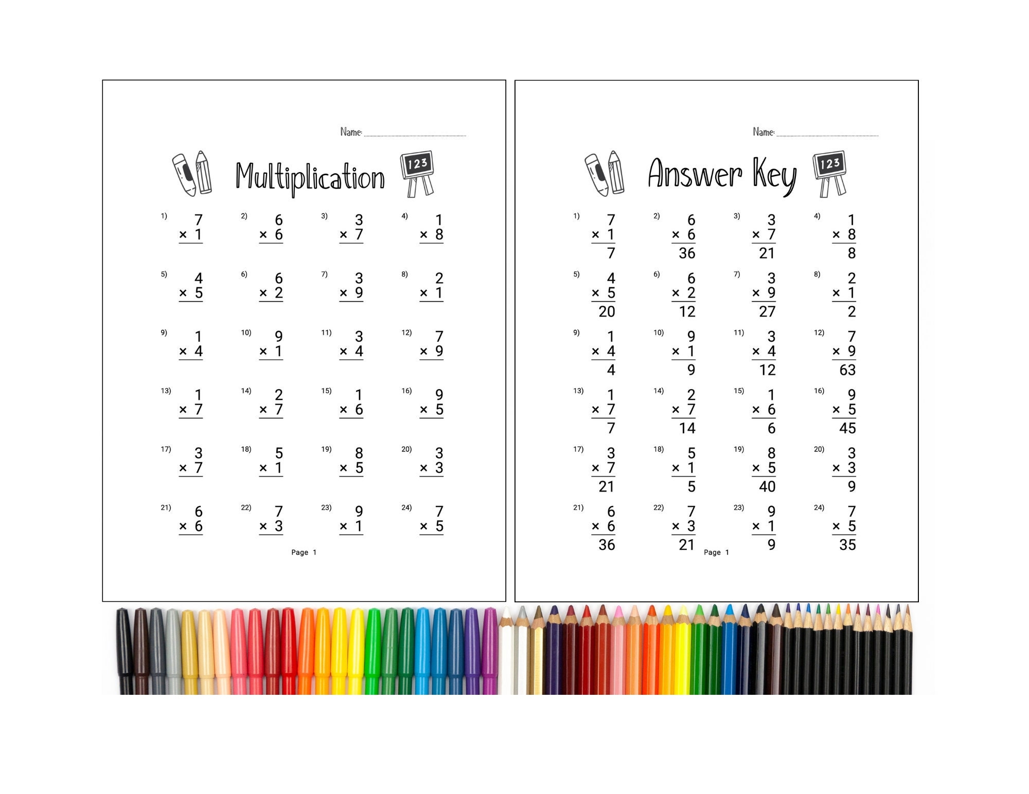 10 Printable Multiplication Worksheets Numbers 1 9 Answer Key Included Math Worksheets Kids Etsy