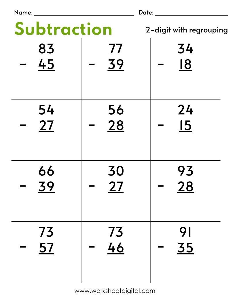 10 Printable Two Digit Subtraction Worksheets with Regrouping 