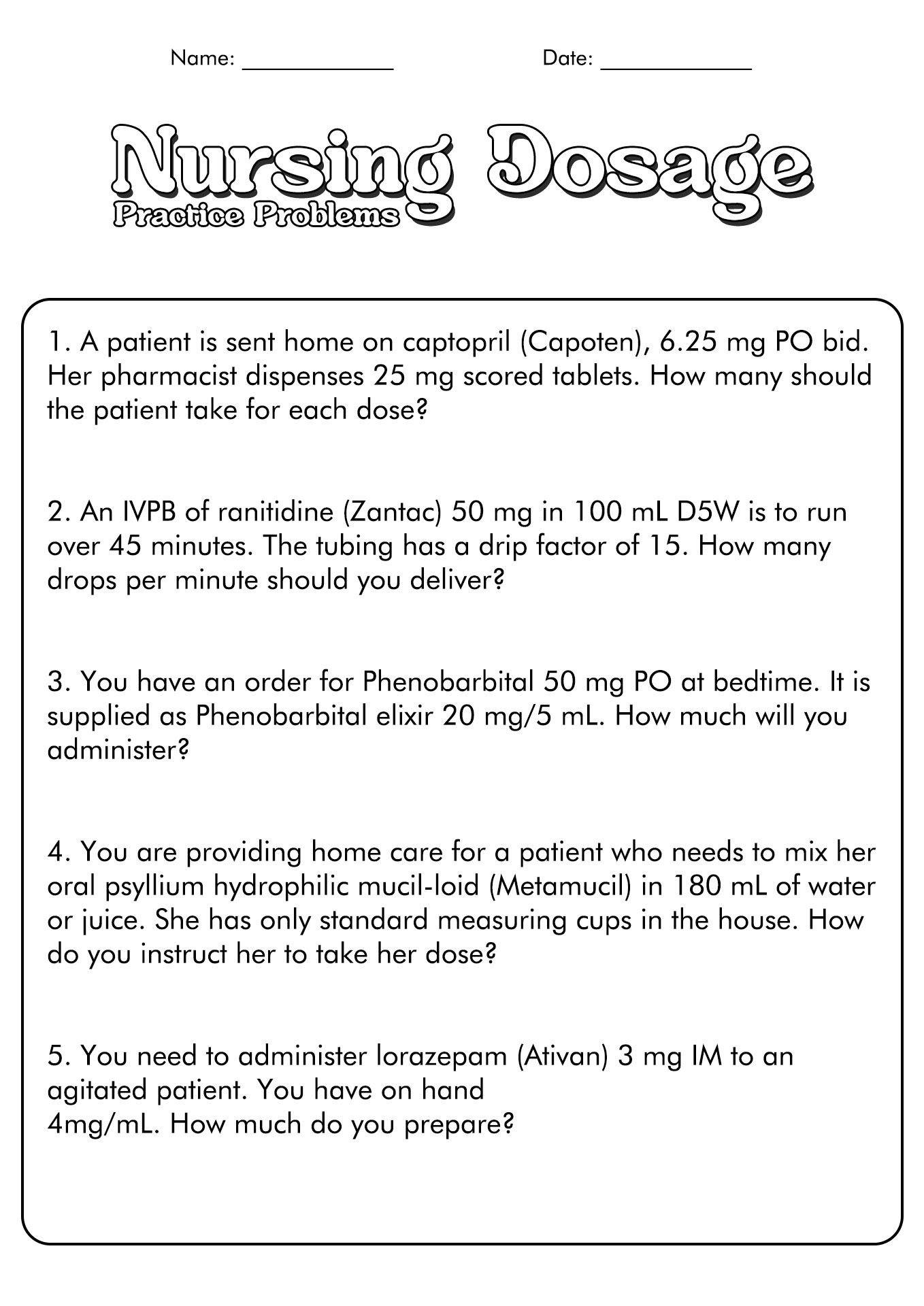 Free Printable Medical Math Worksheets