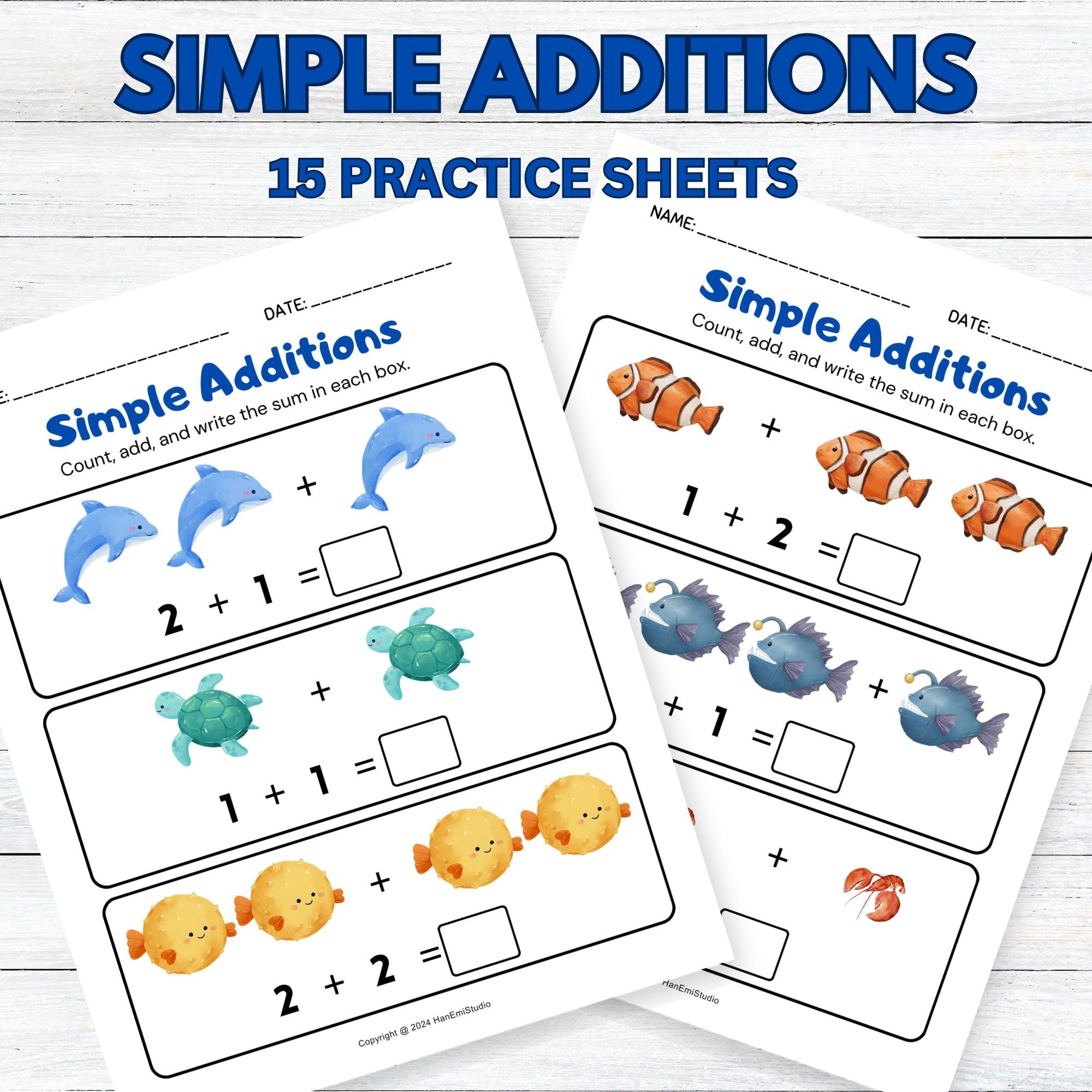 15 page Sea Animal Simple Addition Worksheets For Preschoolers And 
