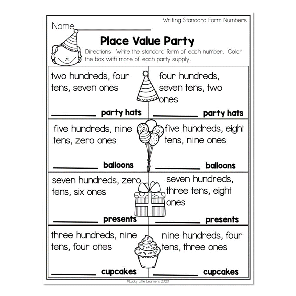 2nd Grade Math Worksheets Place Value Writing Standard Form Numbers Place Value Party Lucky Little Learners