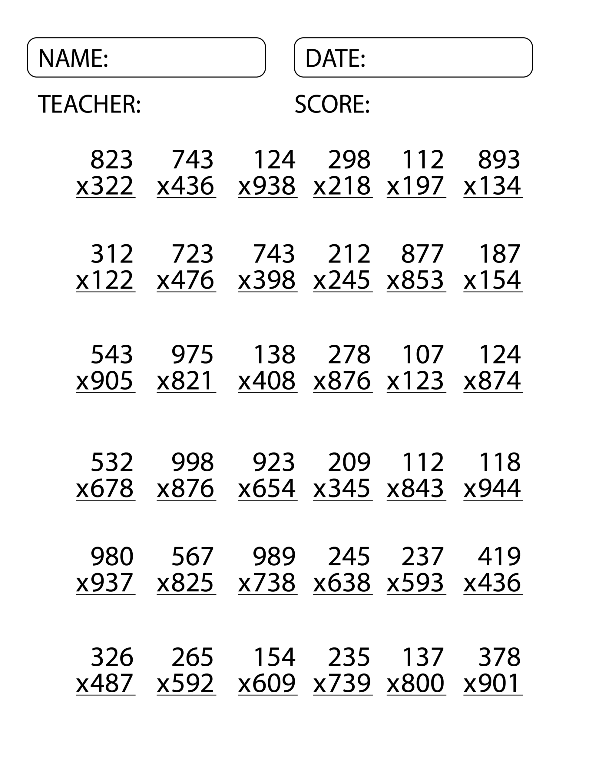 Math Multiplication Worksheets Grade 3
