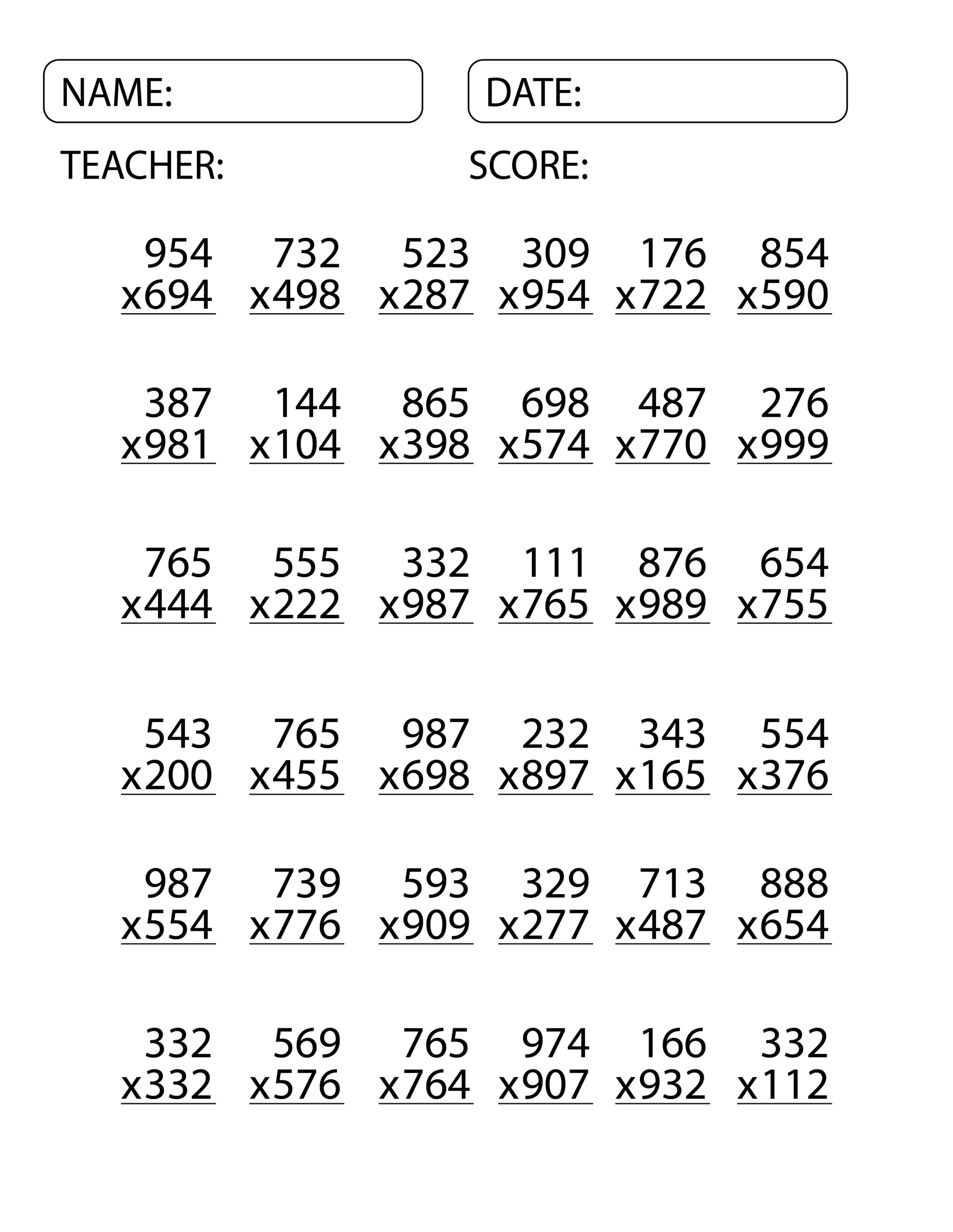 3 Digit By 3 Digit Multiplication Worksheets Exam Math 