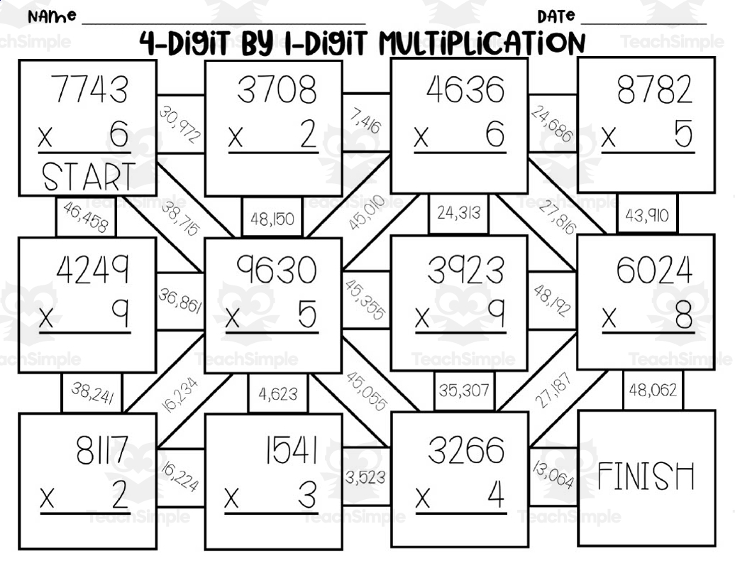 4 Digit X 1 Digit Multiplication Maze Worksheets Library