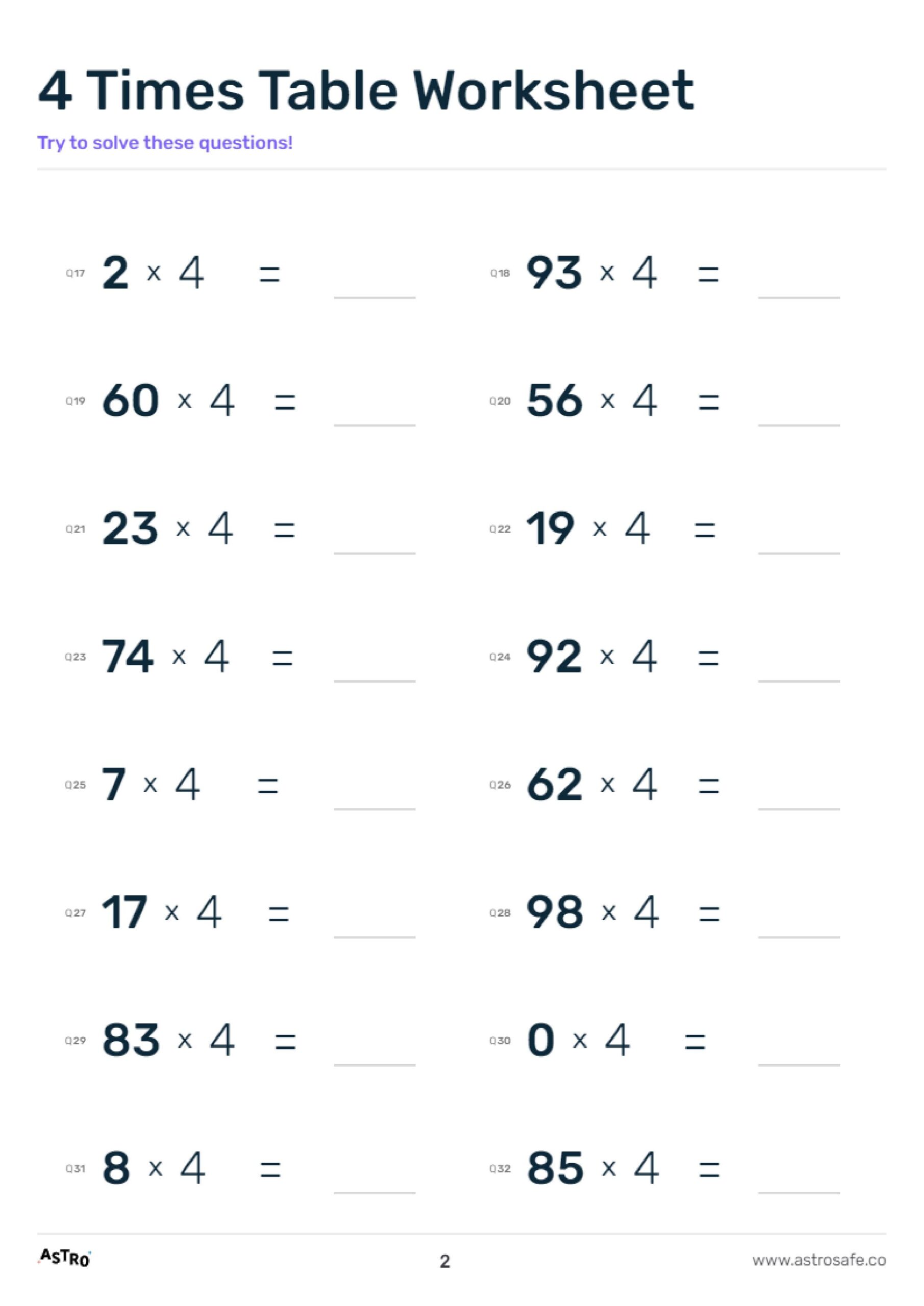 4 Times Table Lessons Printable Worksheets U0026 Charts AstroSafe