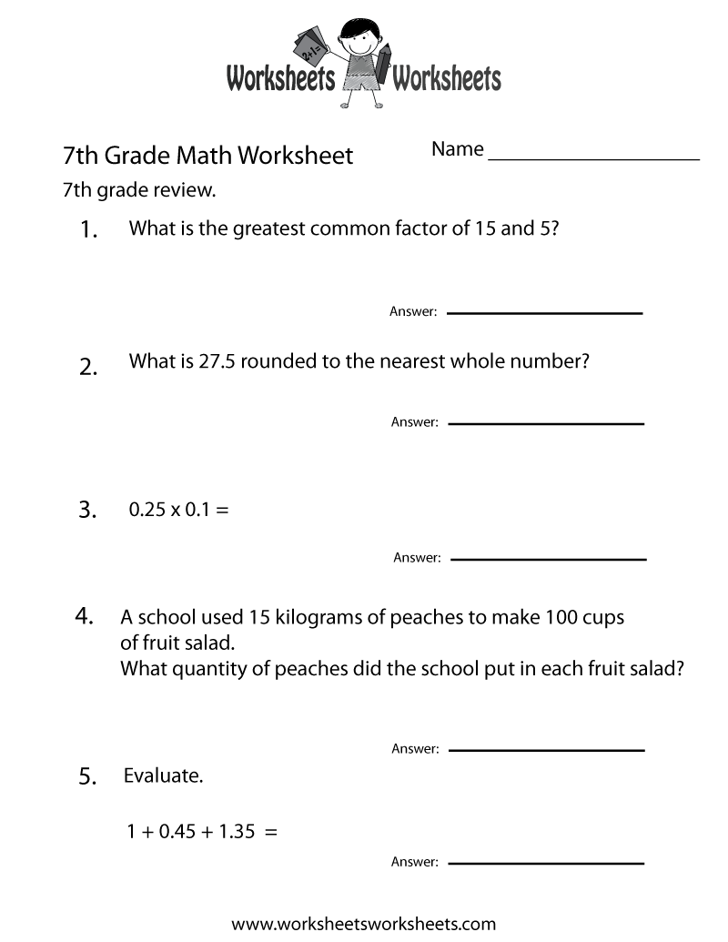 Seventh Grade Math Worksheets Free Printable