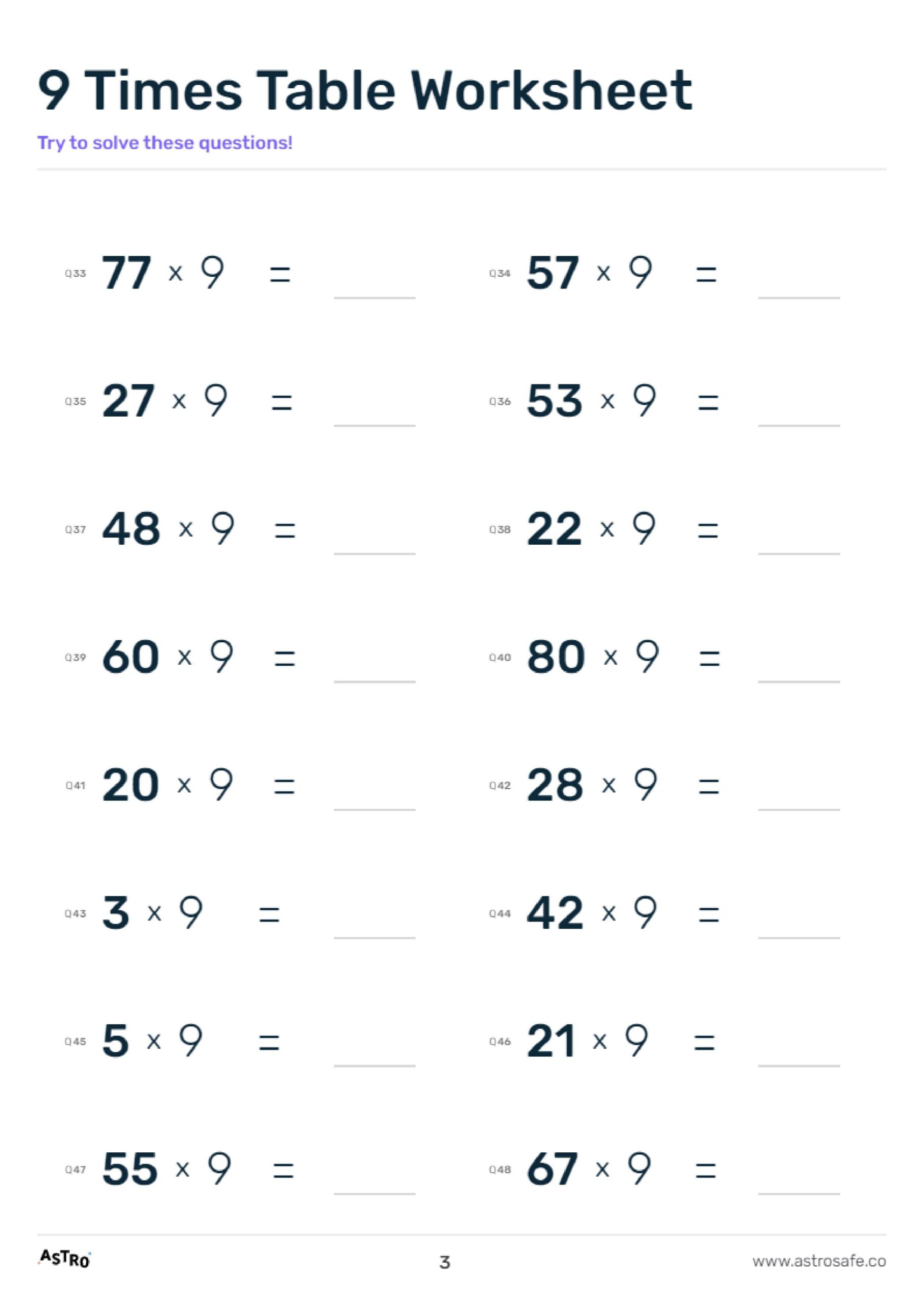 9 Times Table Lessons Printable Worksheets U0026 Charts AstroSafe