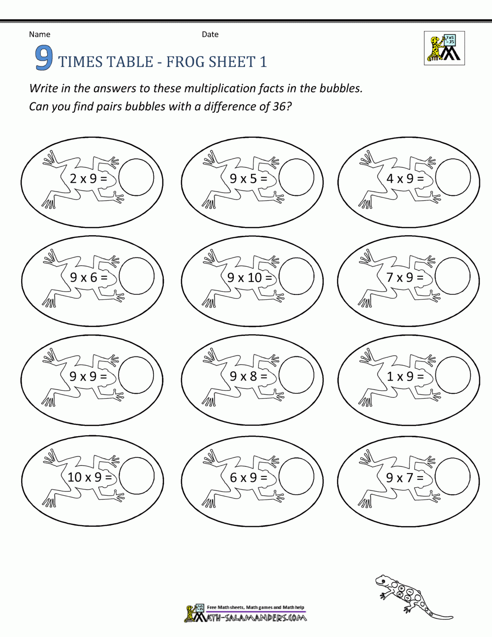 9 Times Table Worksheets
