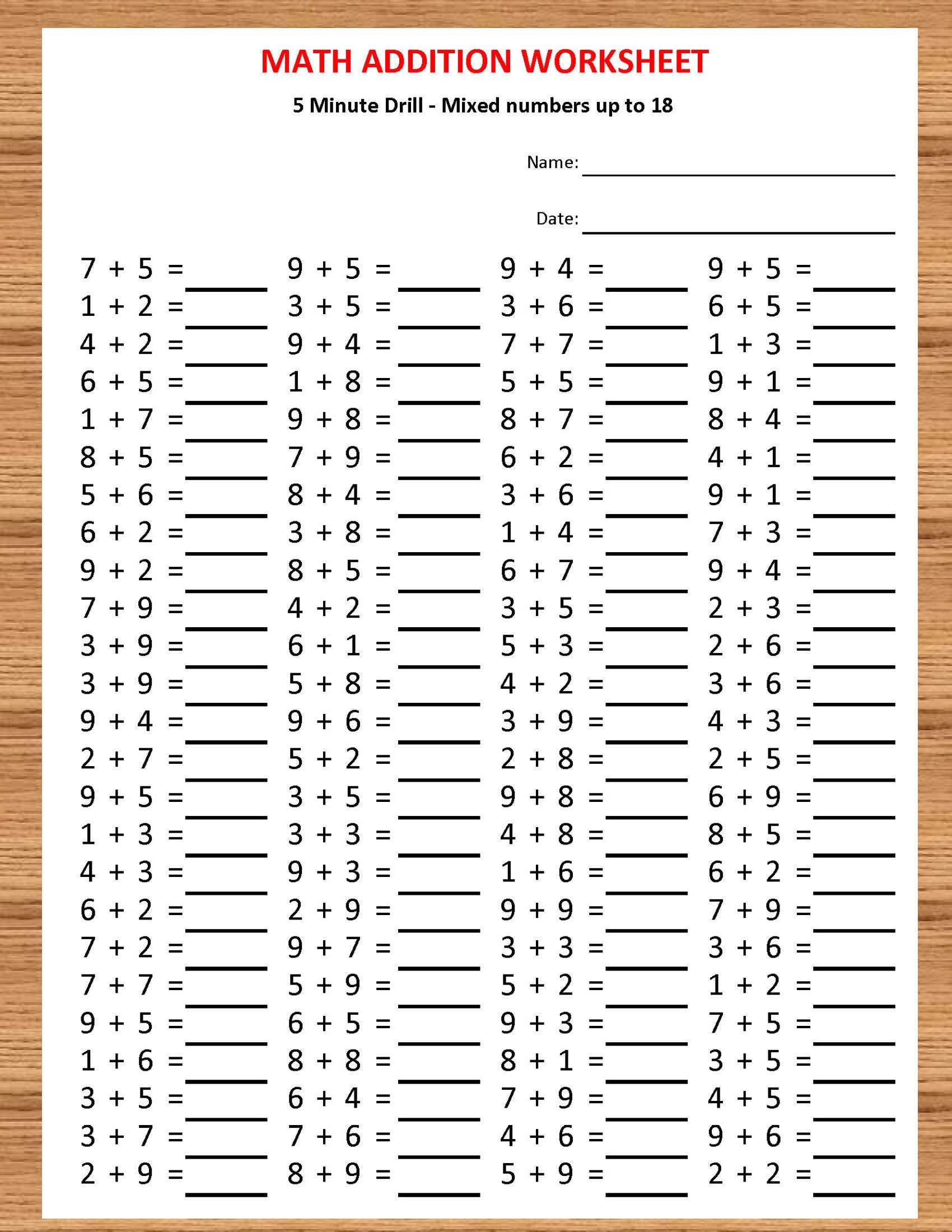 Addition 5 Minute Drill H 10 Math Worksheets With Answers pdf Year 1 2 3 Grade 1 2 3 printable Addition Worksheets Kindergarten Etsy