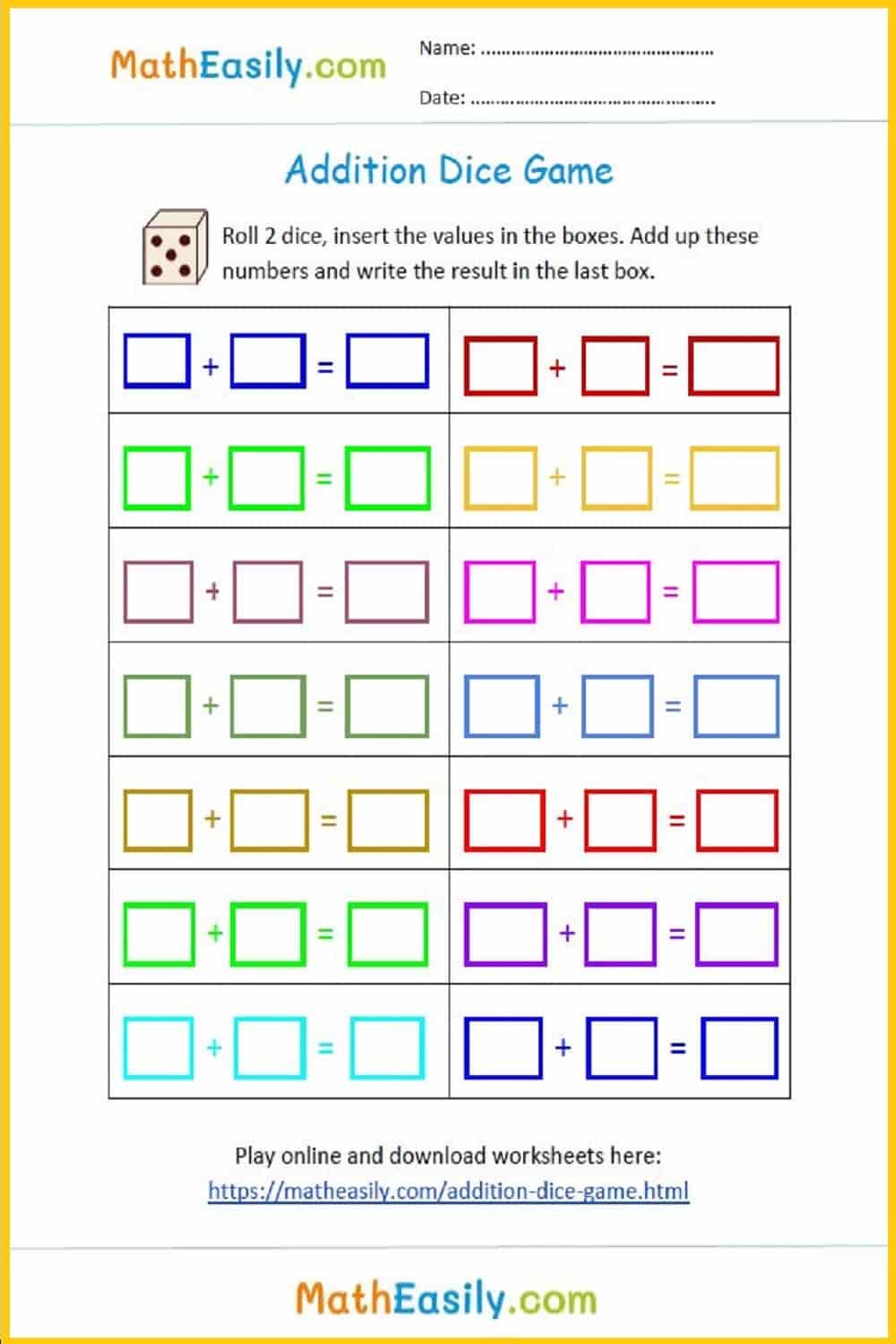 Addition Dice Games PRINTABLE Online Addition Dice Games PRINTABLE Online