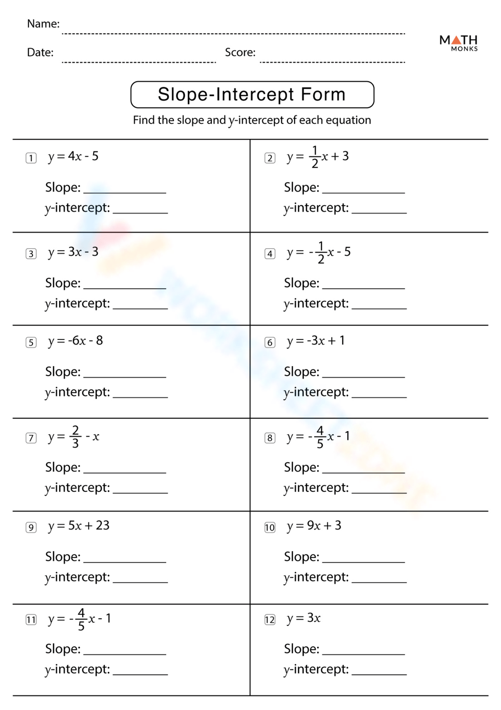 Answer Key Slope Intercept Form Worksheets 2025