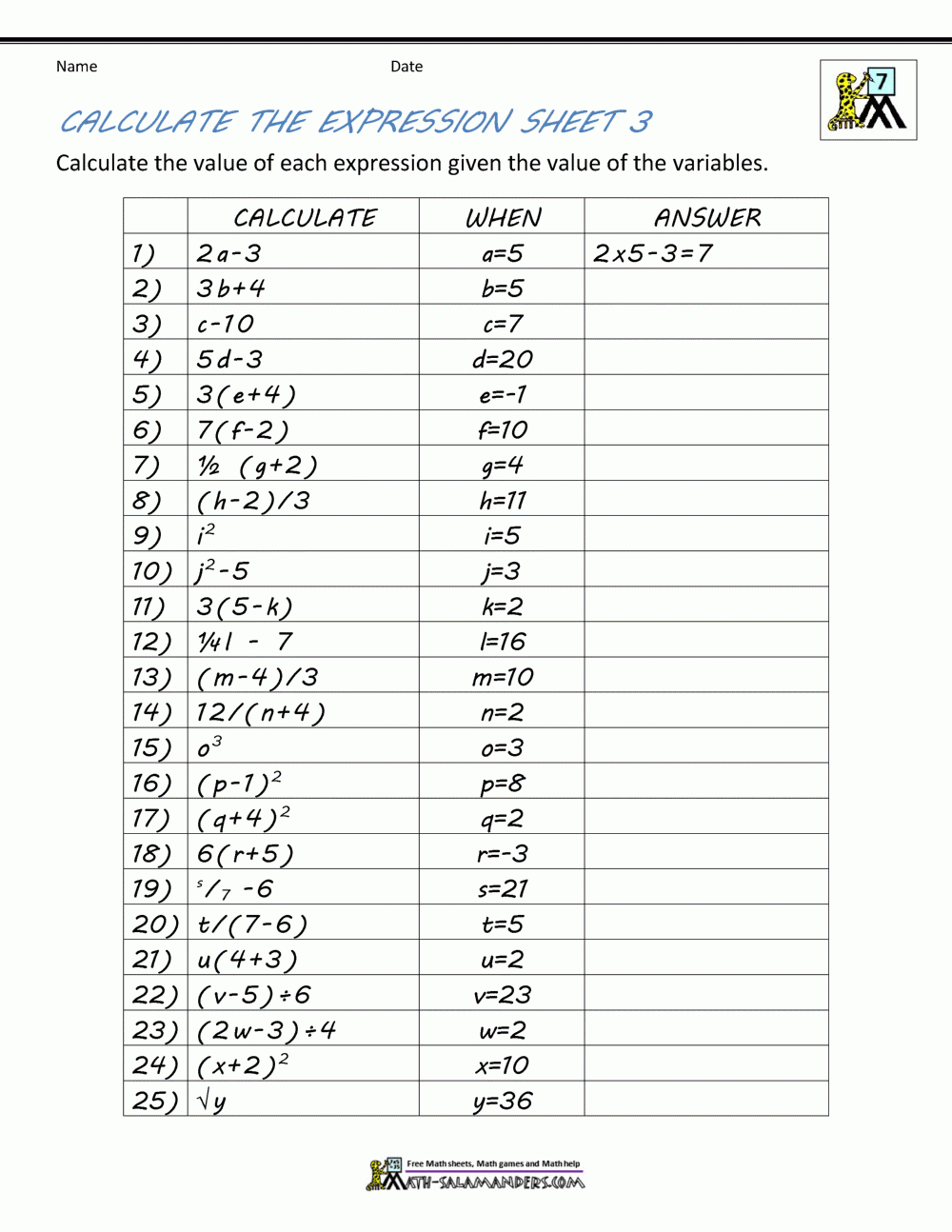 Free 7th Grade Math Worksheets Printable