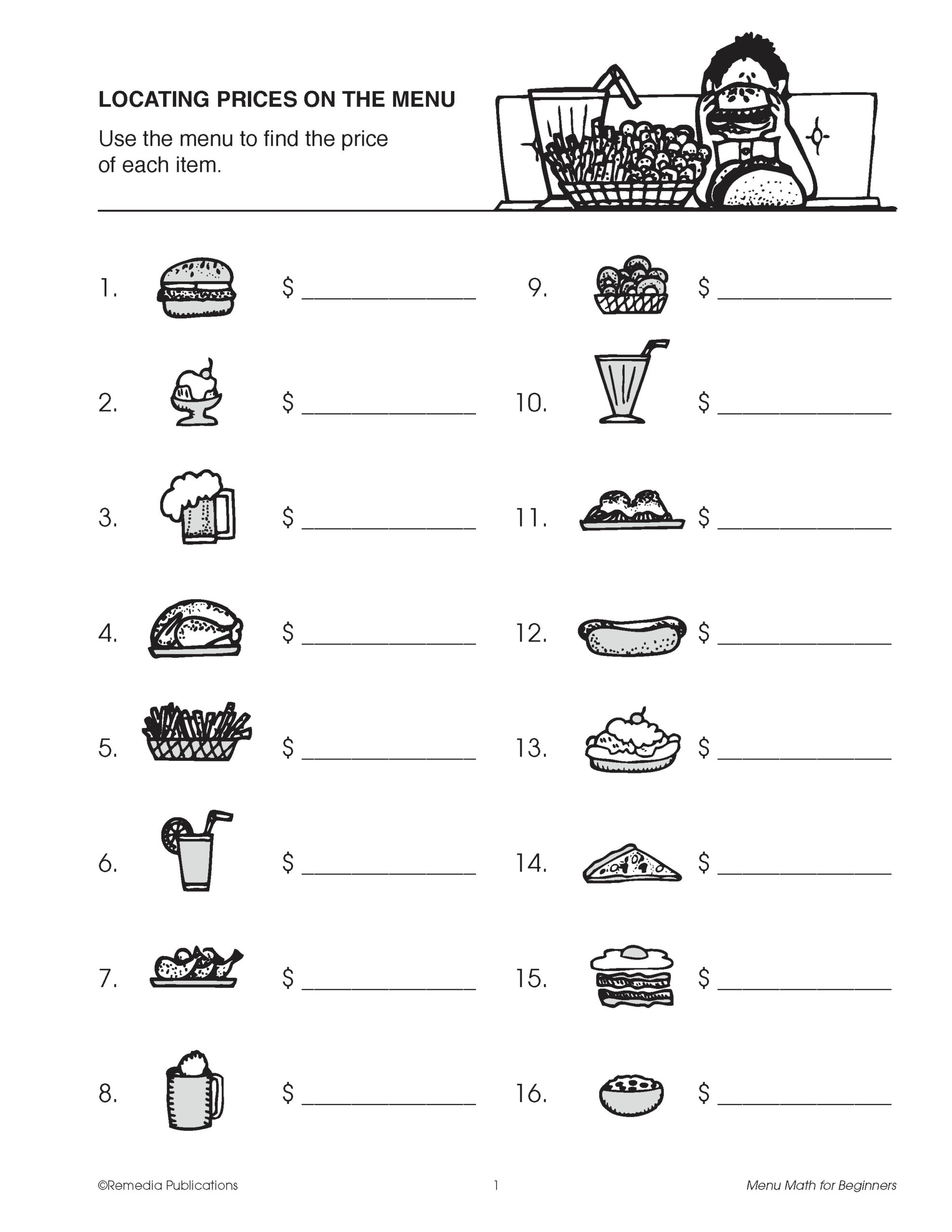 Beginning Menu Math Addition Subtraction Multiplication Consumer Activities Worksheets Library