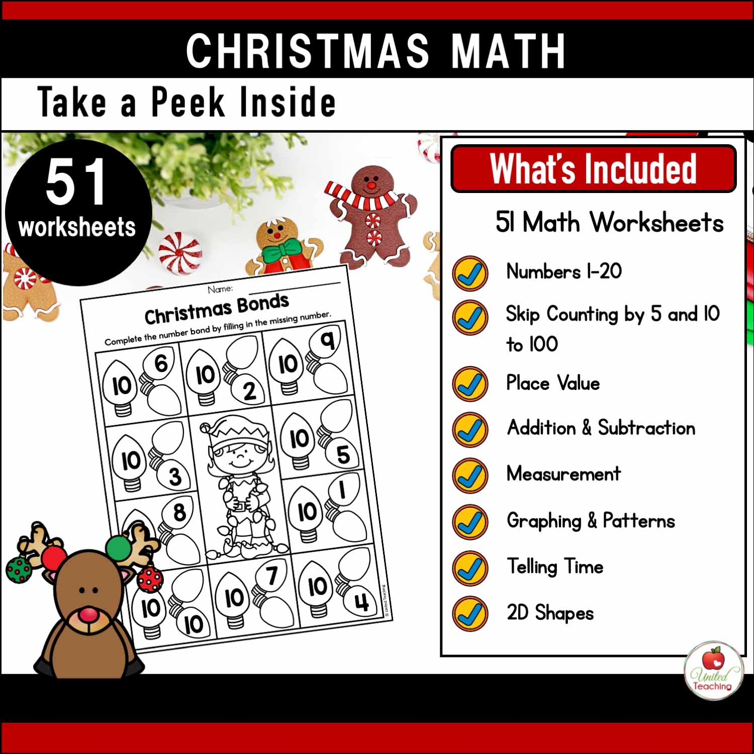 Christmas Math Worksheets Kindergarten Packet United Teaching