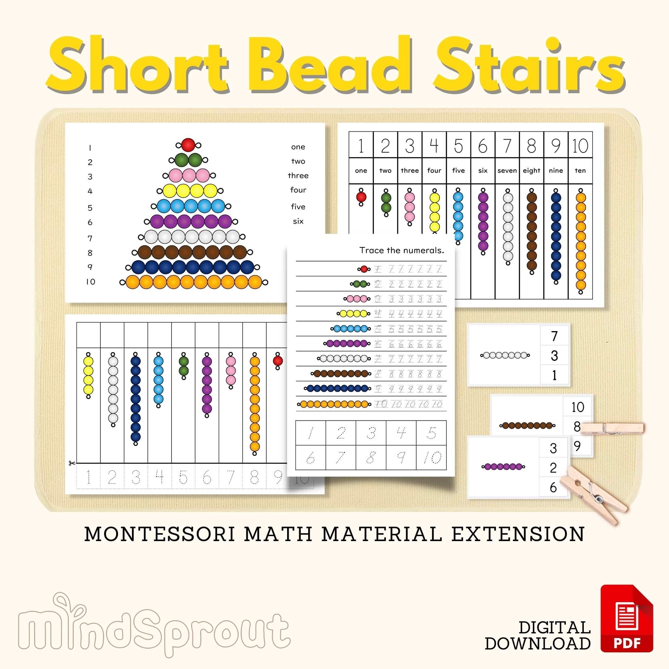 Colored Short Bead Stair Montessori Math Material Counting One to 