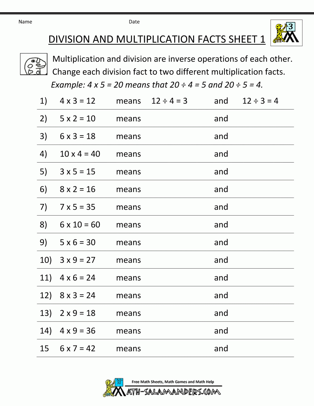 Free Printable Math Facts Practice Worksheets