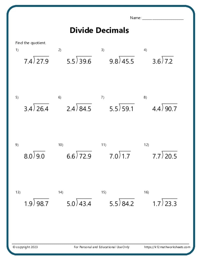 Math Decimal Worksheets Free Printable