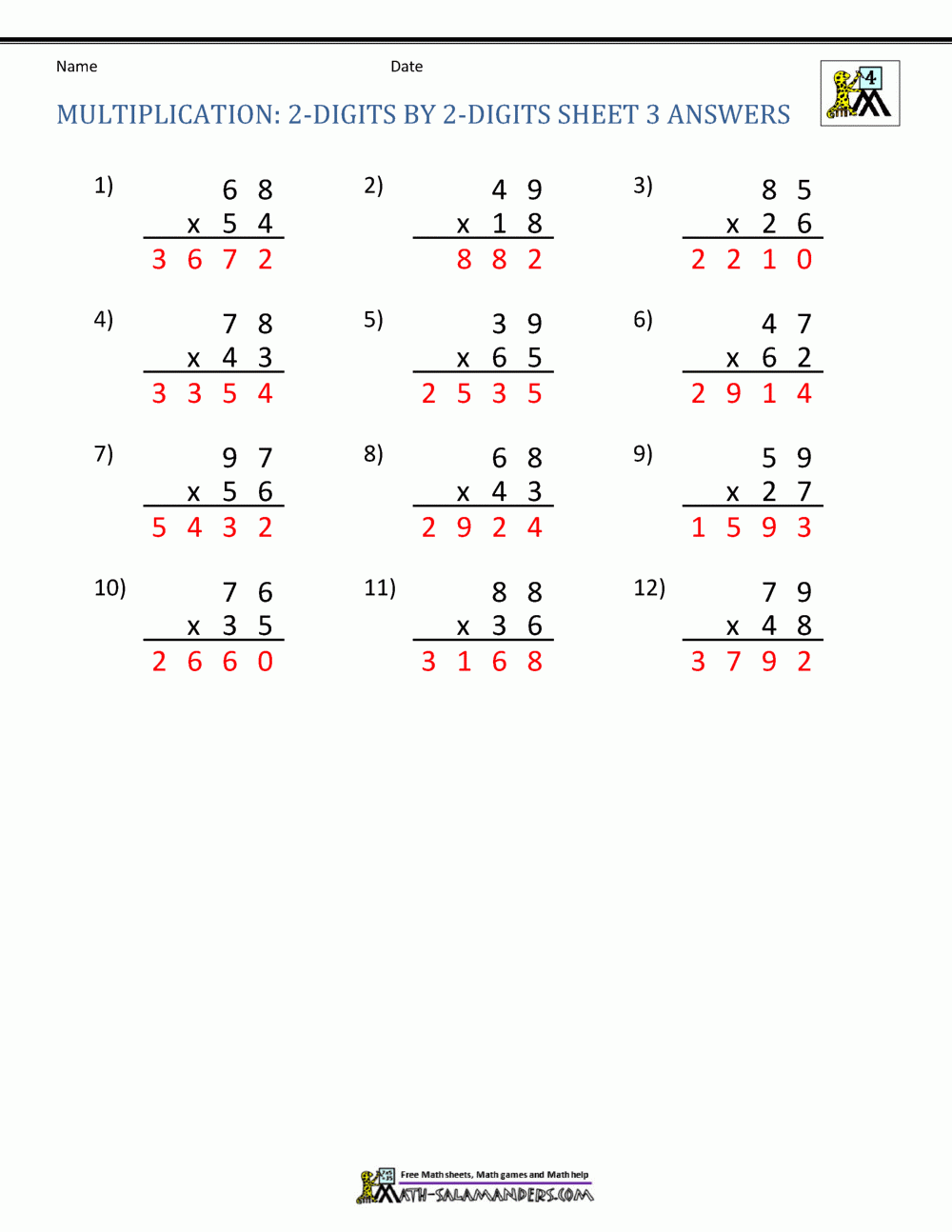 Free Printable 4 Digit Multiplication Worksheets