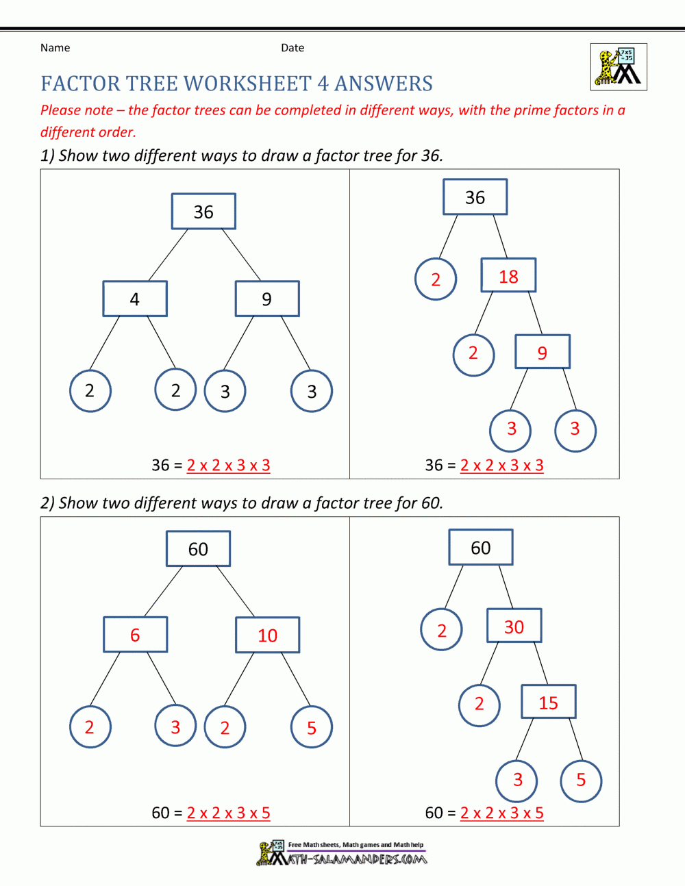 Factor Tree Worksheets Page