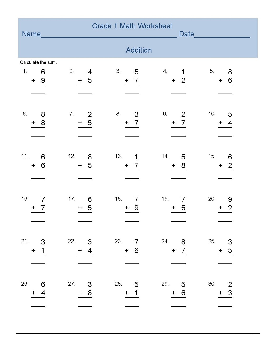 Free 1st Grade Math Worksheets Printable