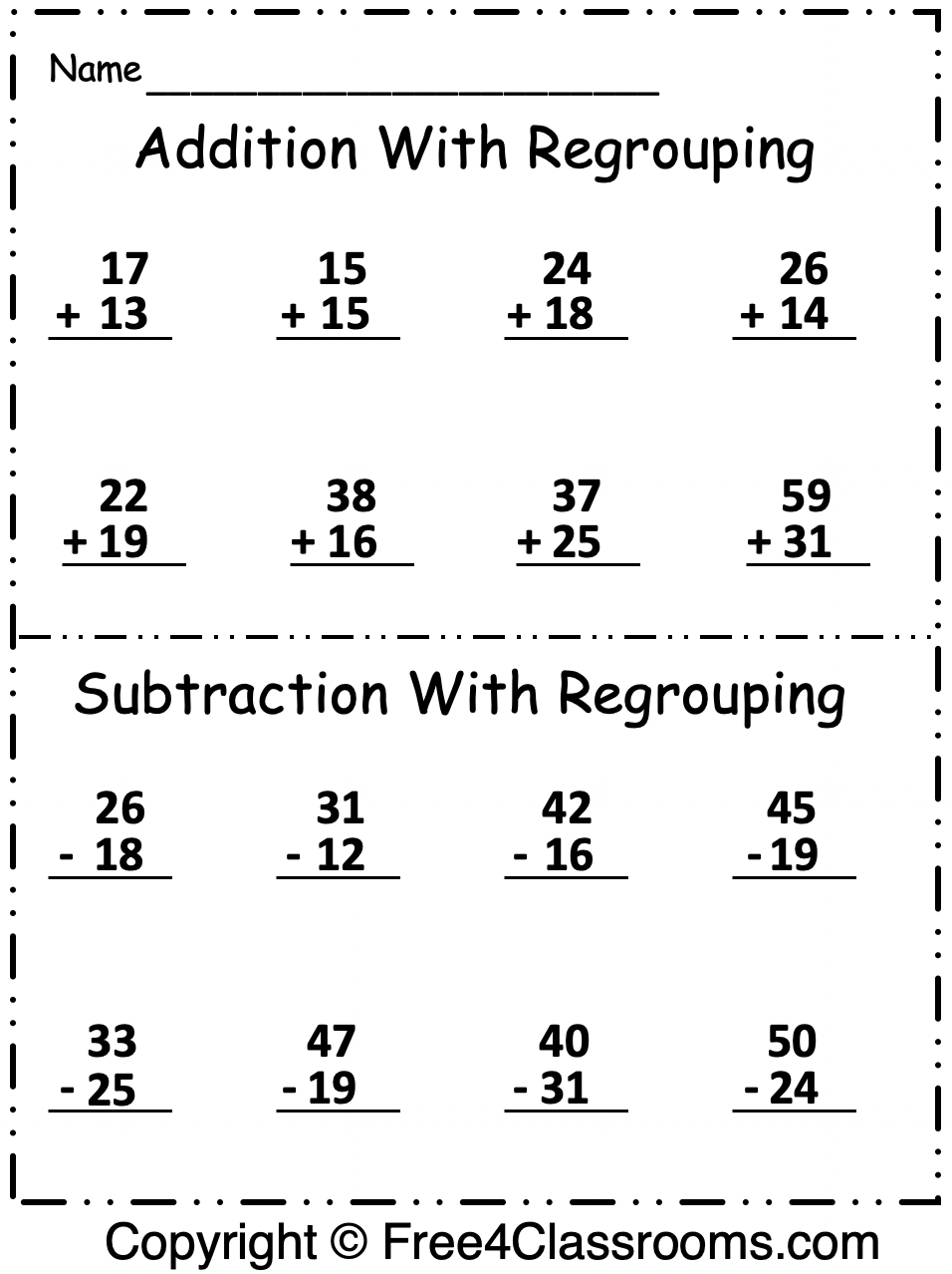 Free 2 Digit Addition And Subtraction Regrouping Free Worksheets