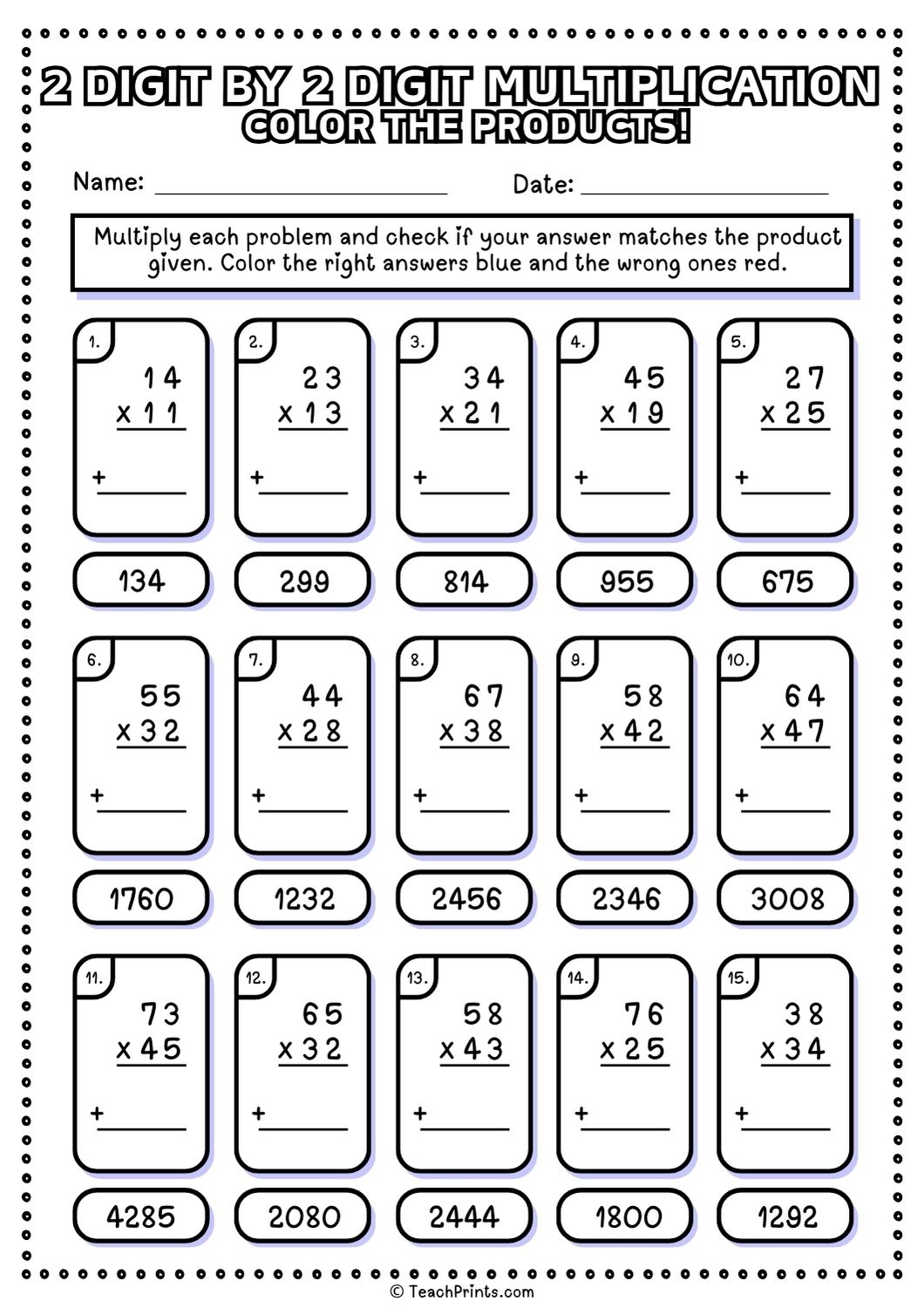 Free 2 Digit By 2 Digit Multiplication Worksheets Teach Prints
