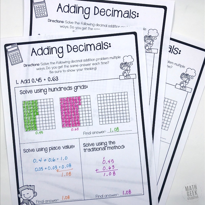 FREE Adding Decimals Worksheets Multiple Strategies