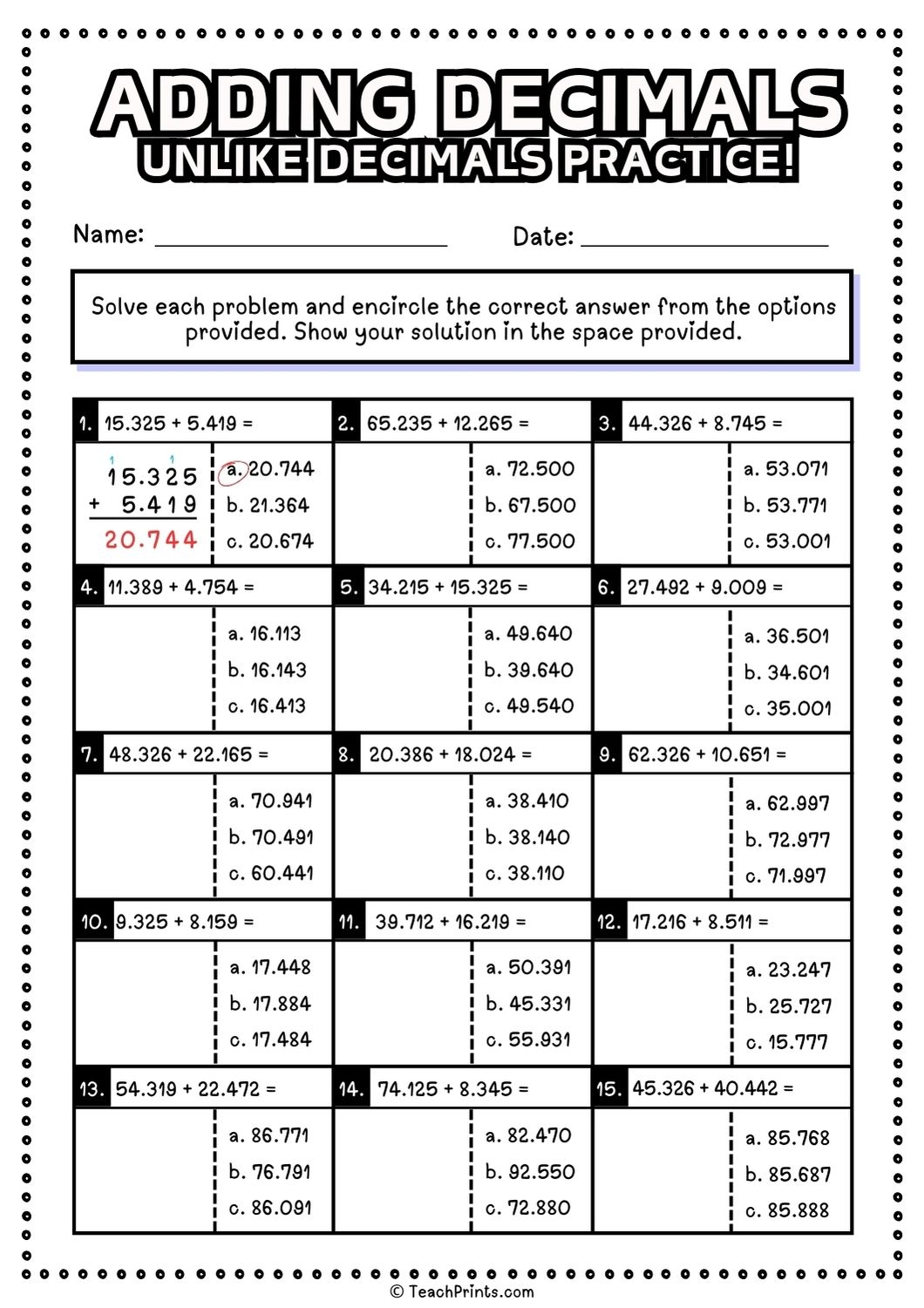 Free Adding Decimals Worksheets Teach Prints