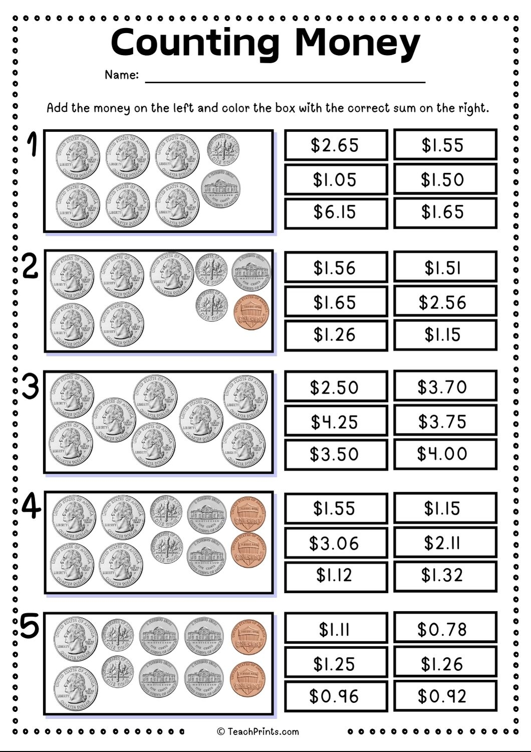 Free Counting Money And Coins Worksheets Teach Prints