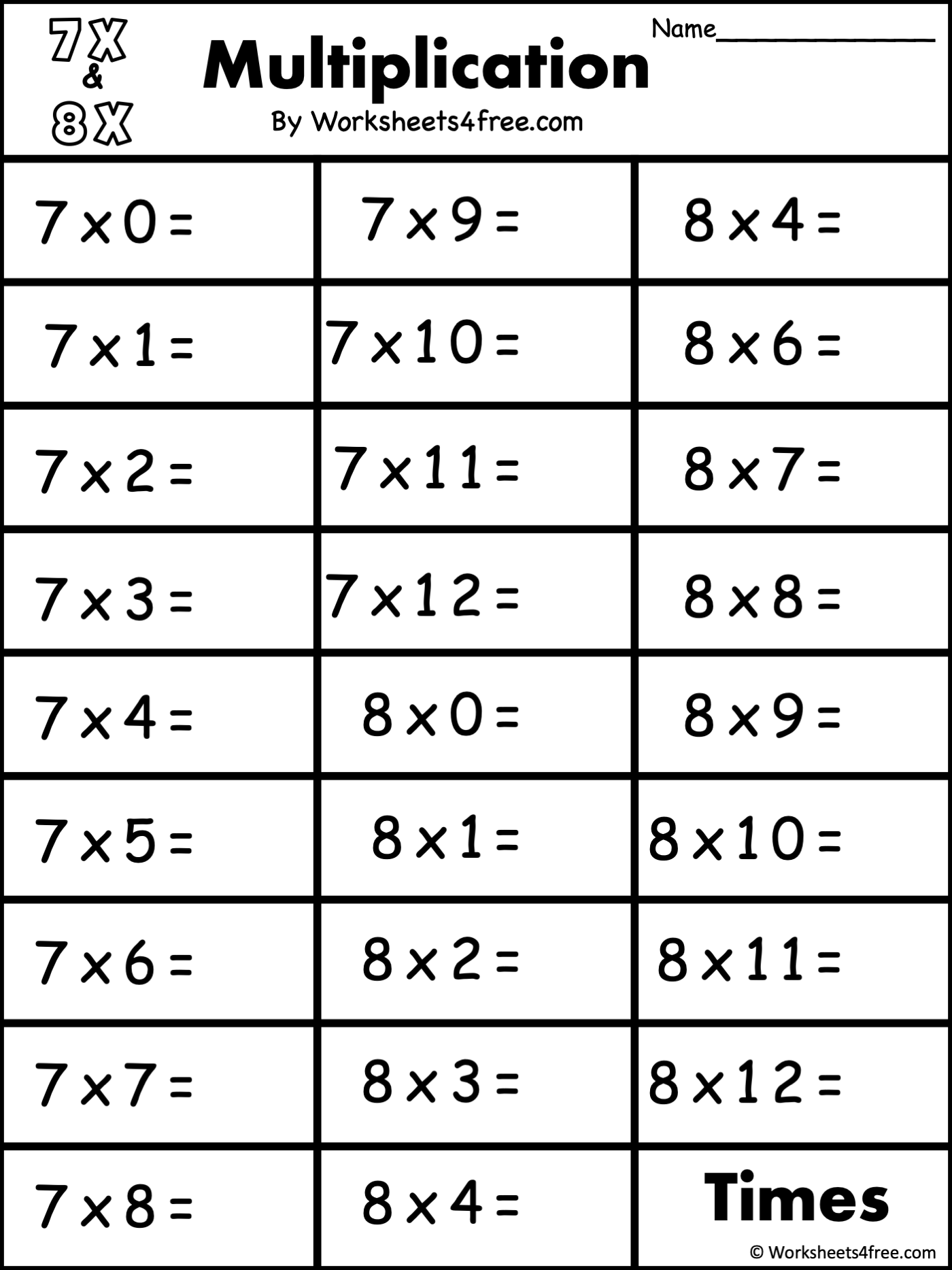 Free Multiplication Worksheet 7s U0026 8s Worksheets4Free
