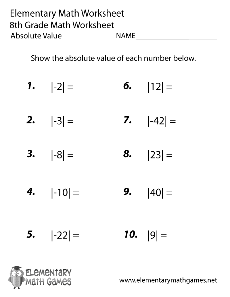Free Printable Absolute Value Worksheet For Eighth Grade