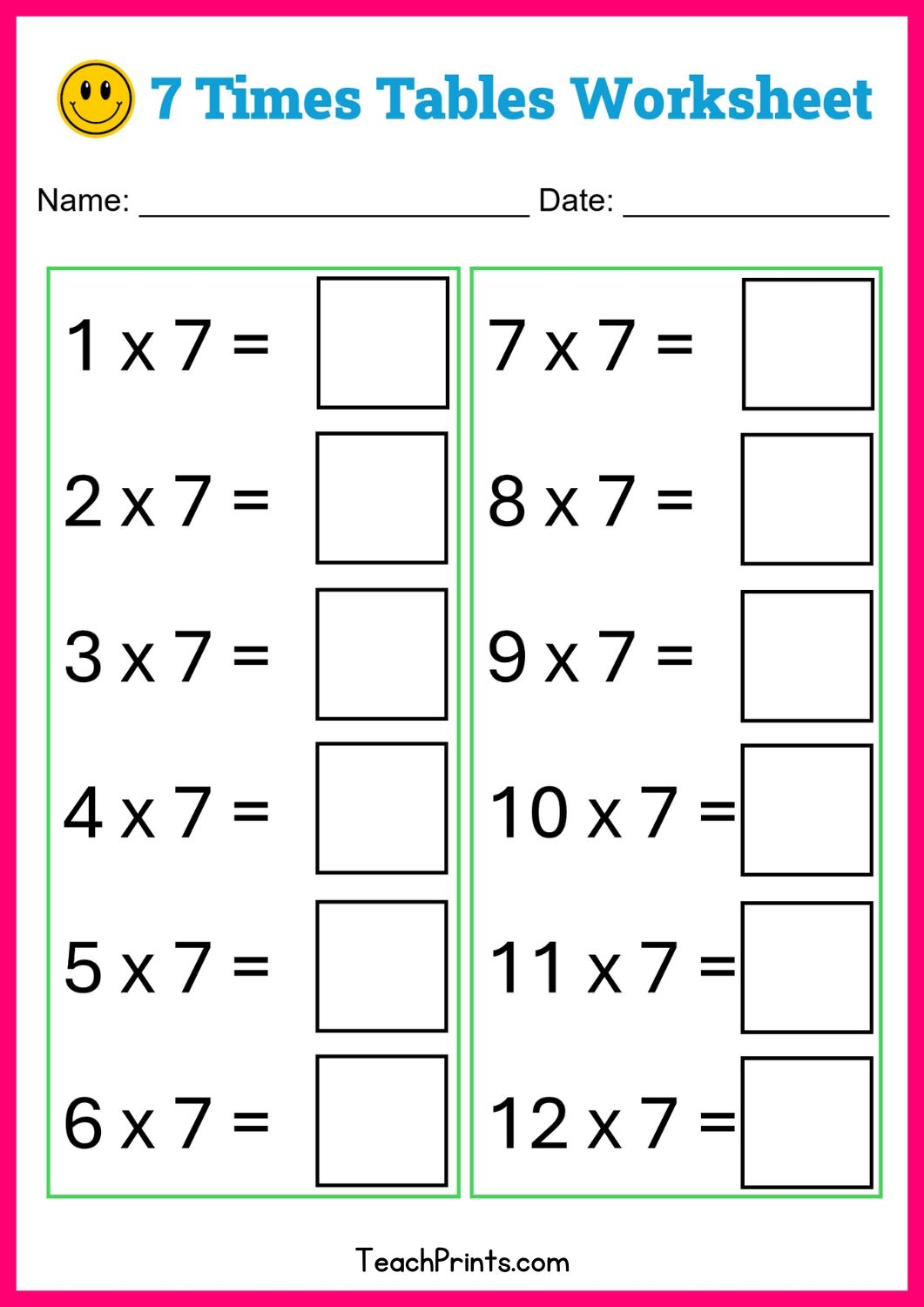 Free Seven Times Tables Worksheets 8 Versions Teach Prints