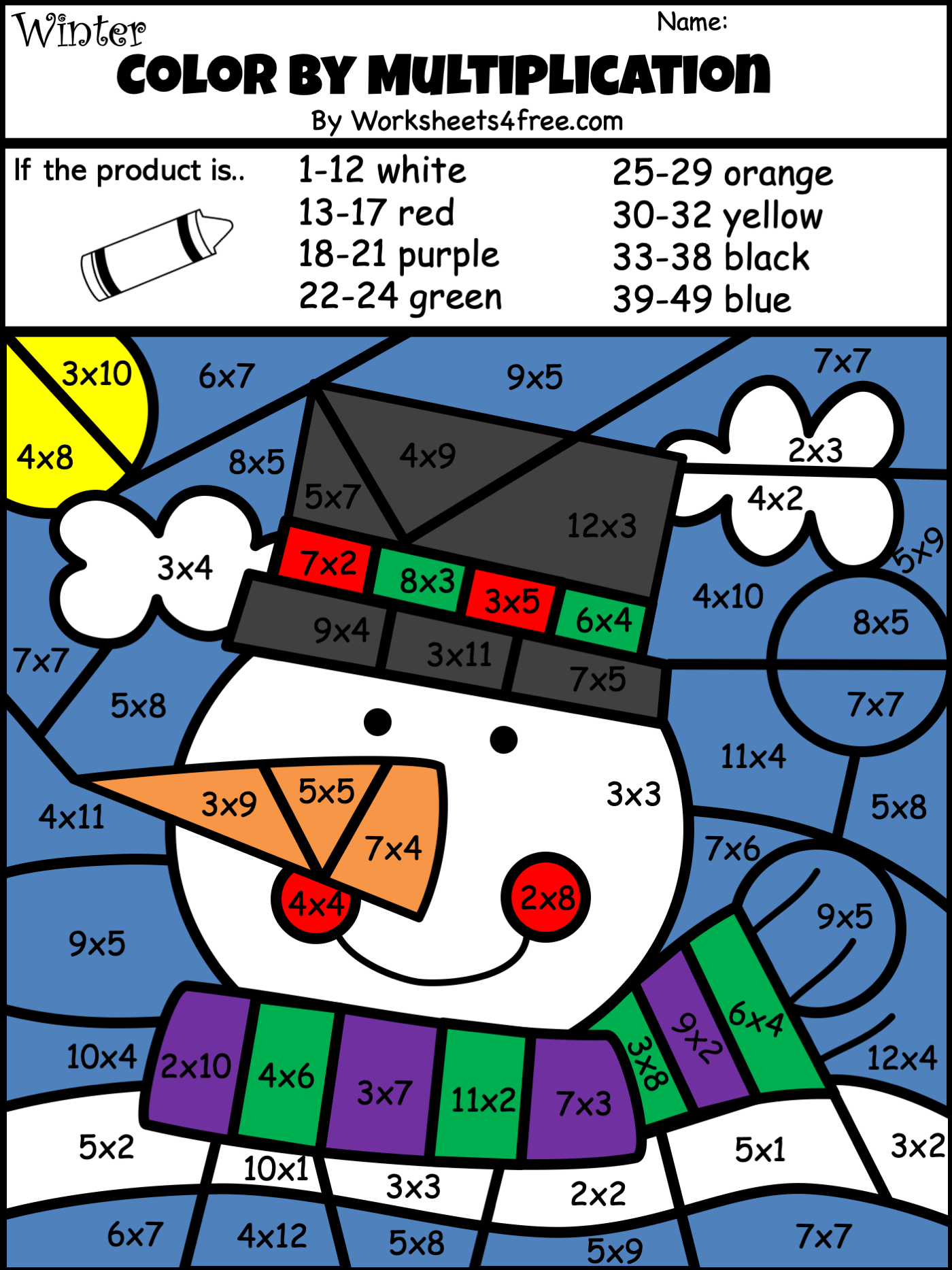 Free Winter Snowman Color By Code Multiplication Worksheet