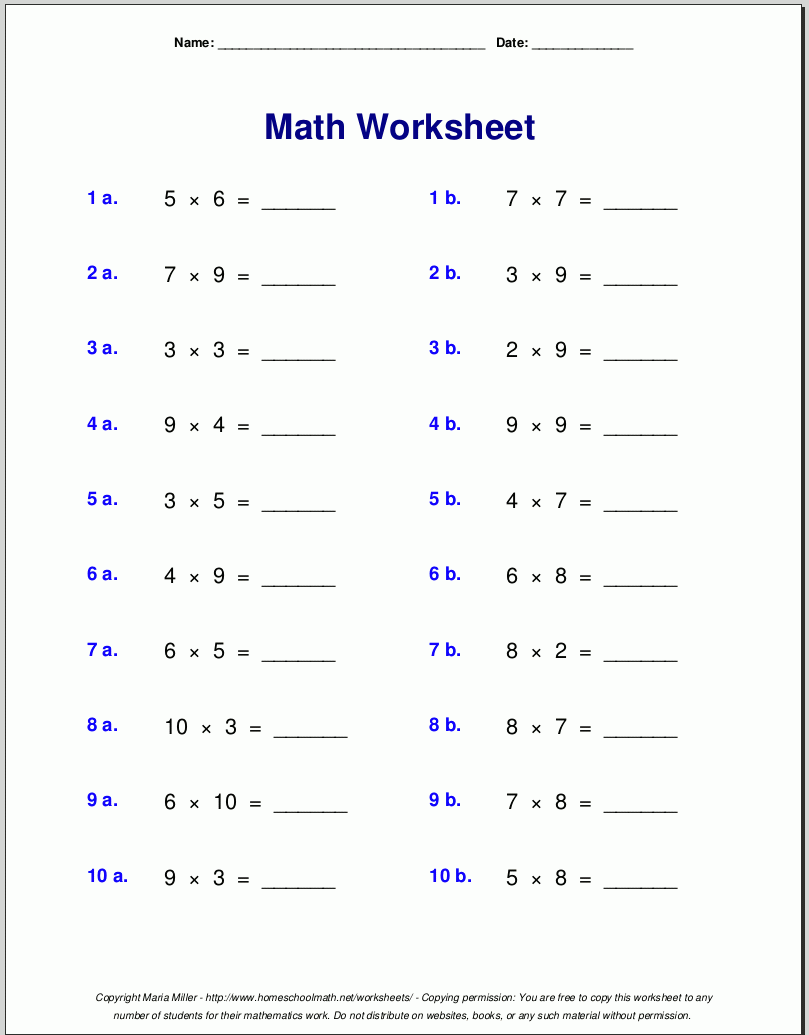 Free Multiplication Tables Printable Worksheets
