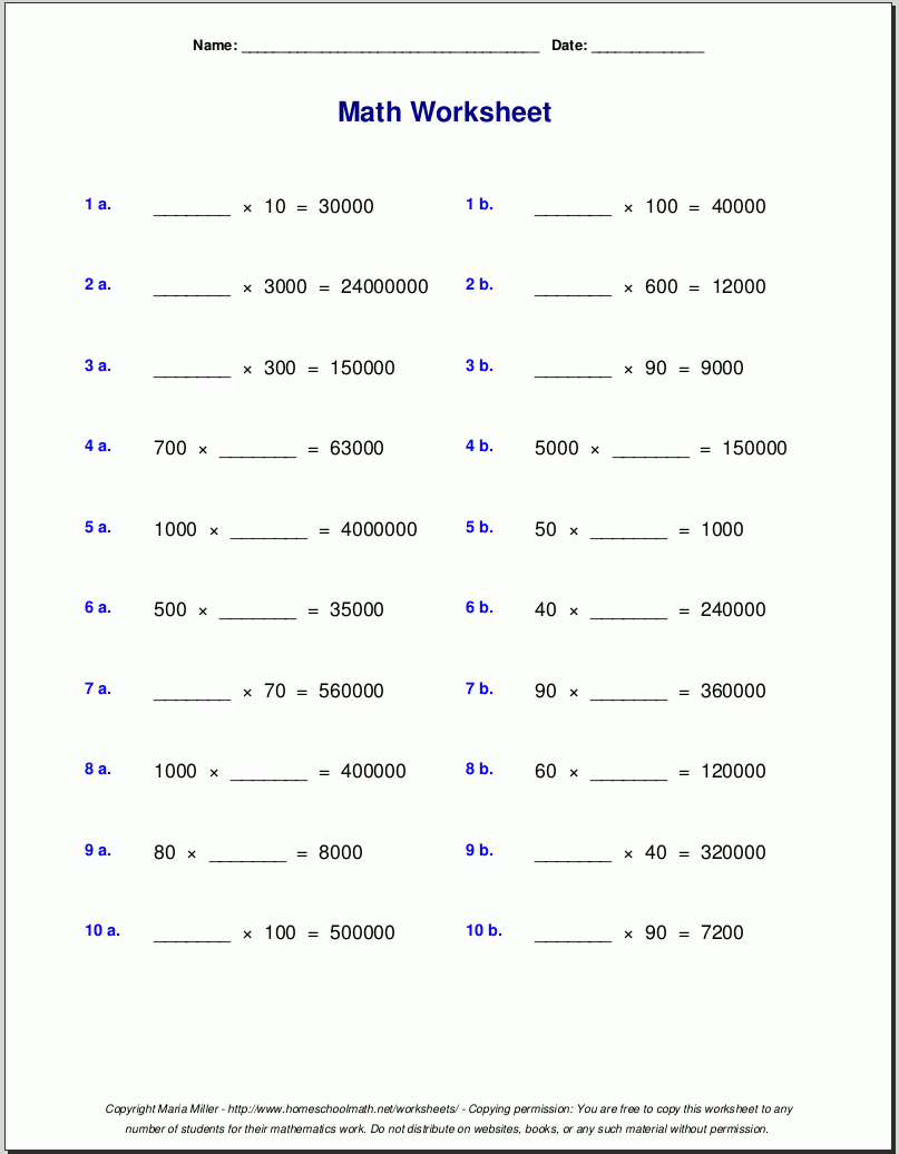 Free Printable Multiplication Worksheets 5th Grade