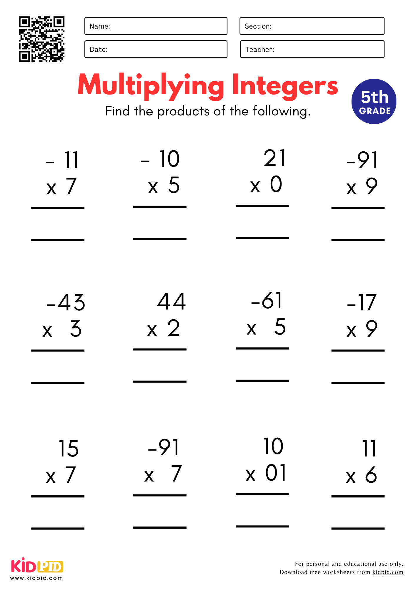 Integers Worksheet For Grade 5 Kidpid