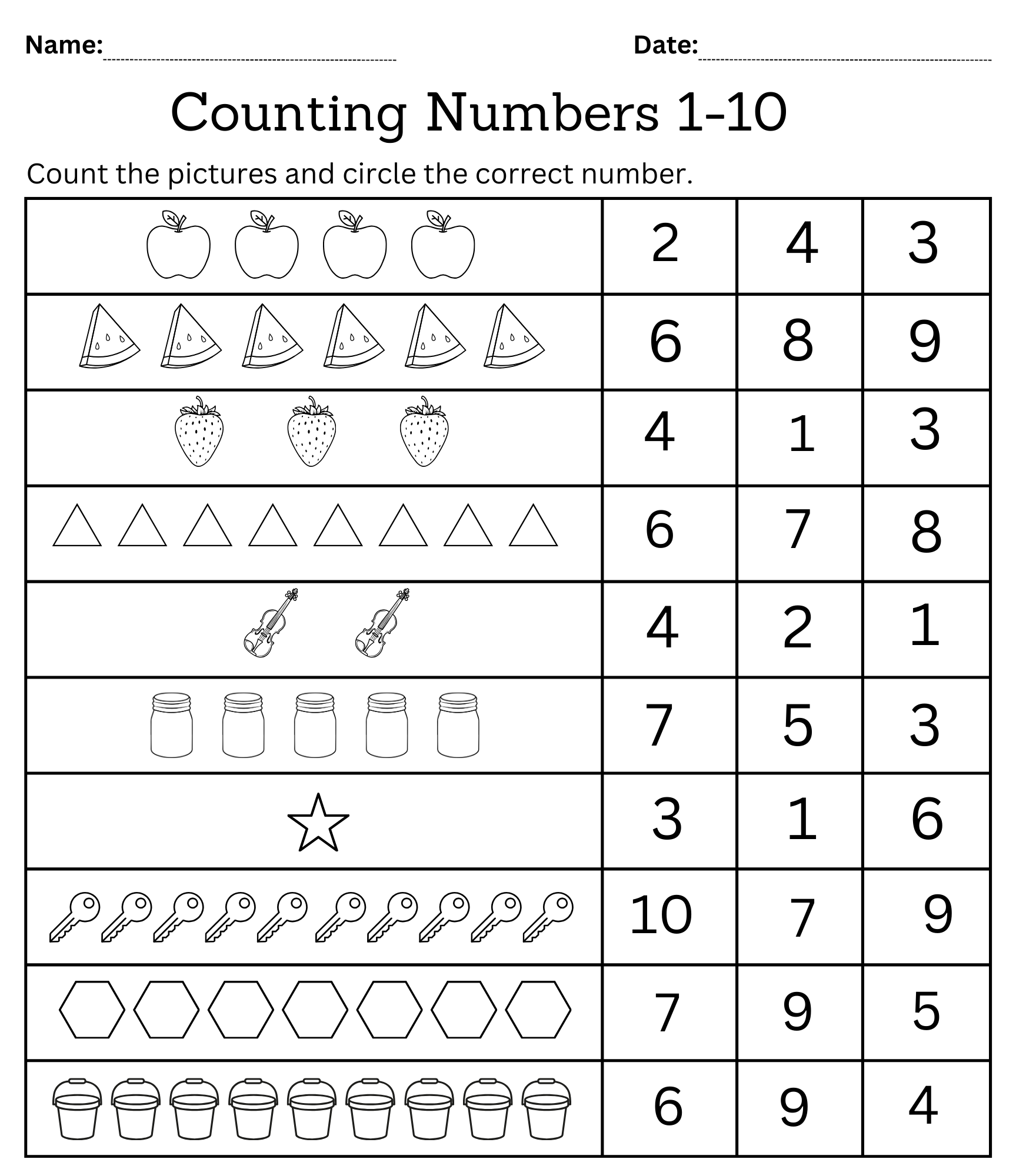 Kindergarten Math Counting Objects Worksheets 1 10 Black And White Teaching Resources