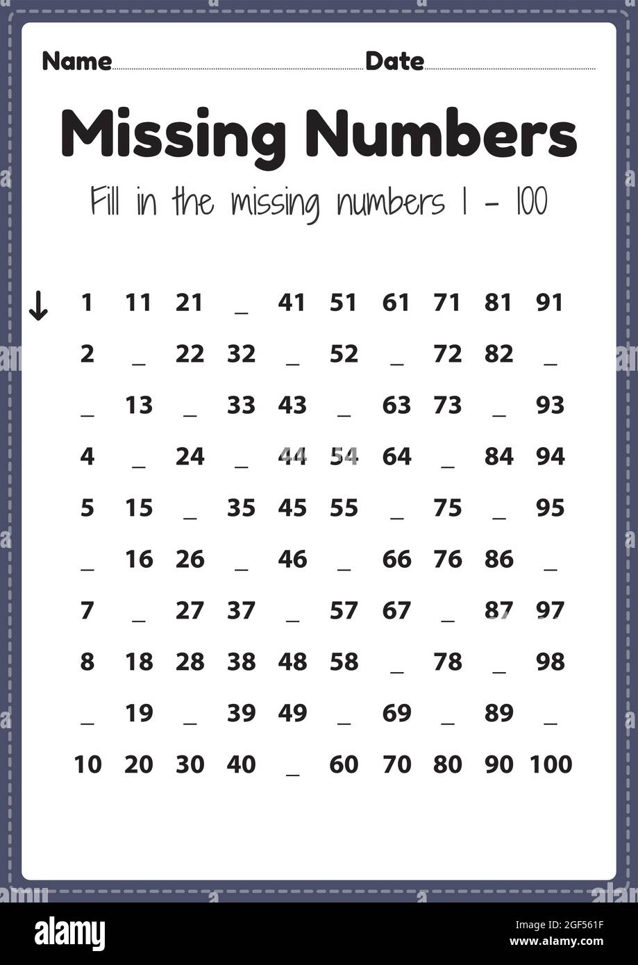 Kindergarten Math Worksheets Missing Numbers 1 To 100 Printable Sheet For Preschool Kids Activity To Learn Basic Mathematics Skills Stock Vector Image U0026 Art Alamy