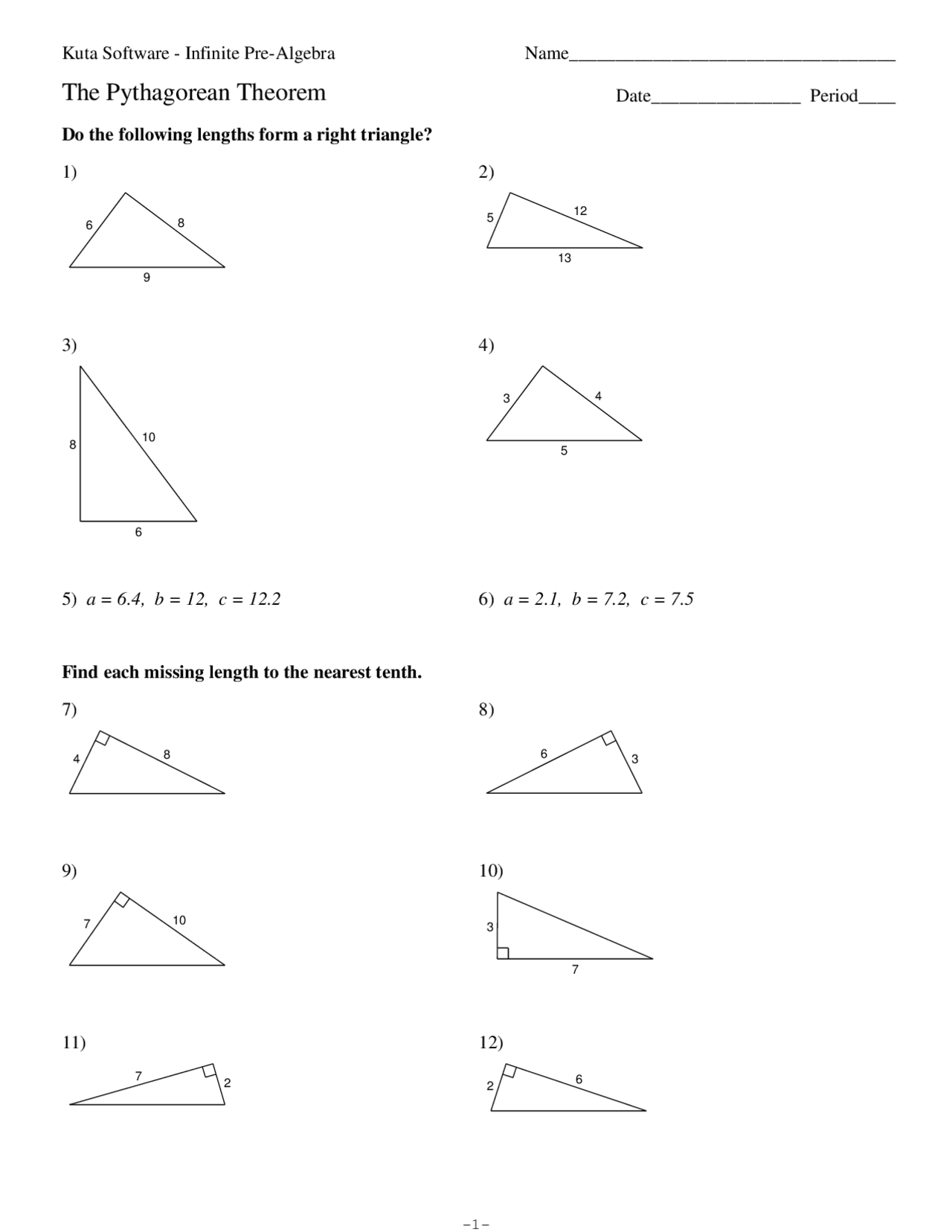 Kuta Software The Pythagorean Theorem And Its Converse Answers With Work Top