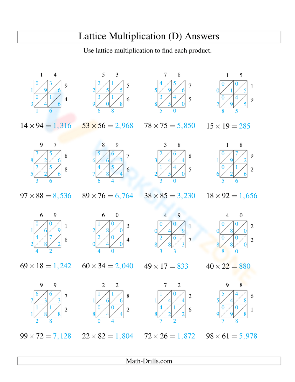 Lattice Multiplication Worksheets 2025