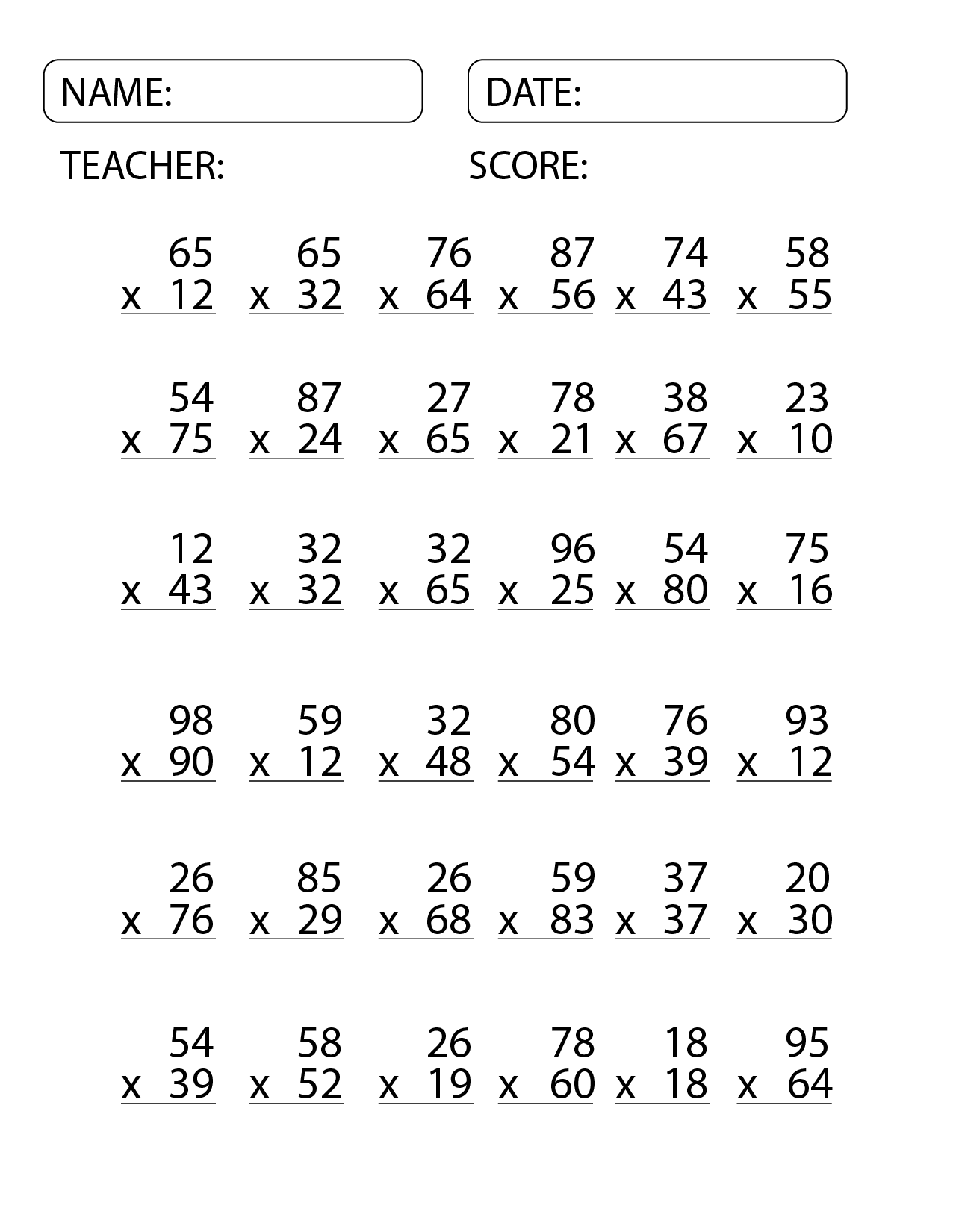 Free Printable 2-Digit Multiplication Worksheets