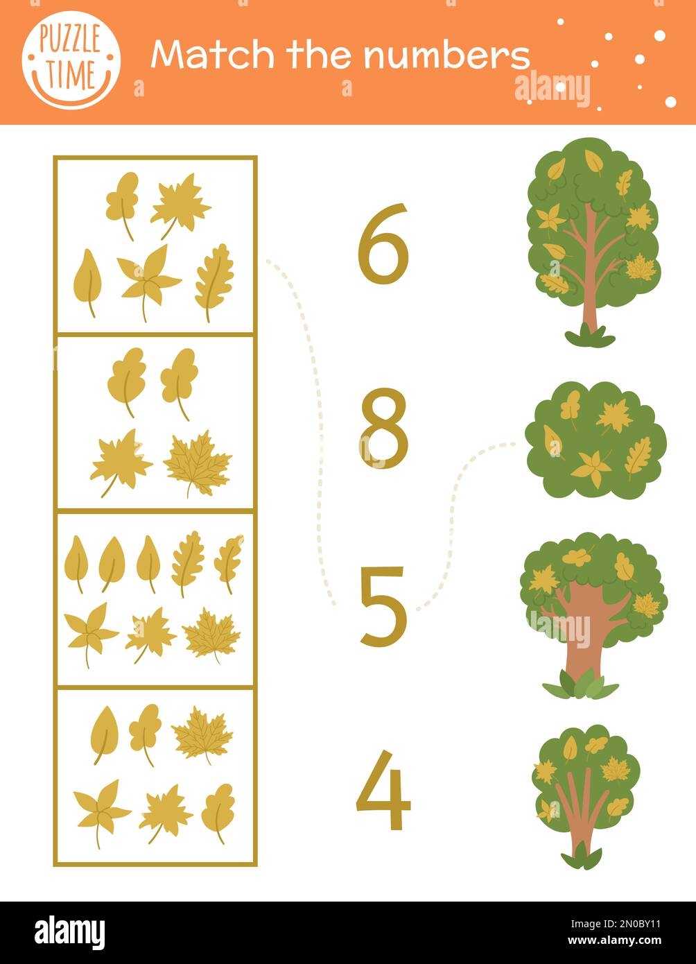 Matching Game With Yellow Leaves And Trees Autumn Math Activity For Preschool Children Fall Season Counting Worksheet Educational Printable With Cu Stock Vector Image U0026 Art Alamy