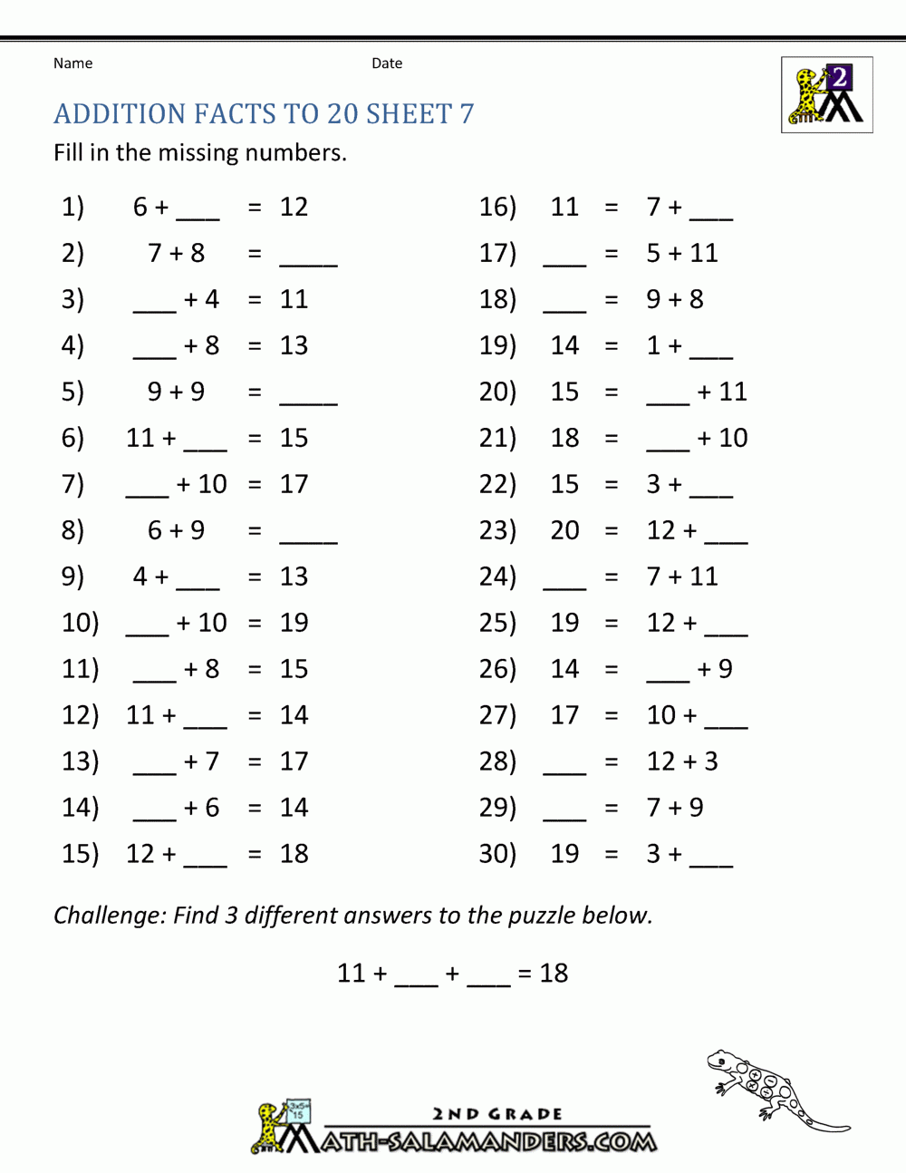 Math Addition Facts To 20