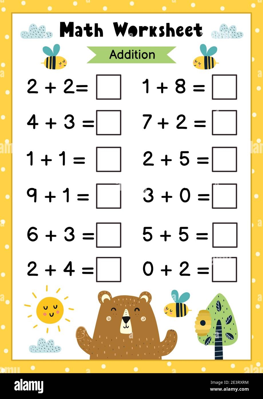 Math Worksheet For Kids Addition Mathematic Activity Page With 