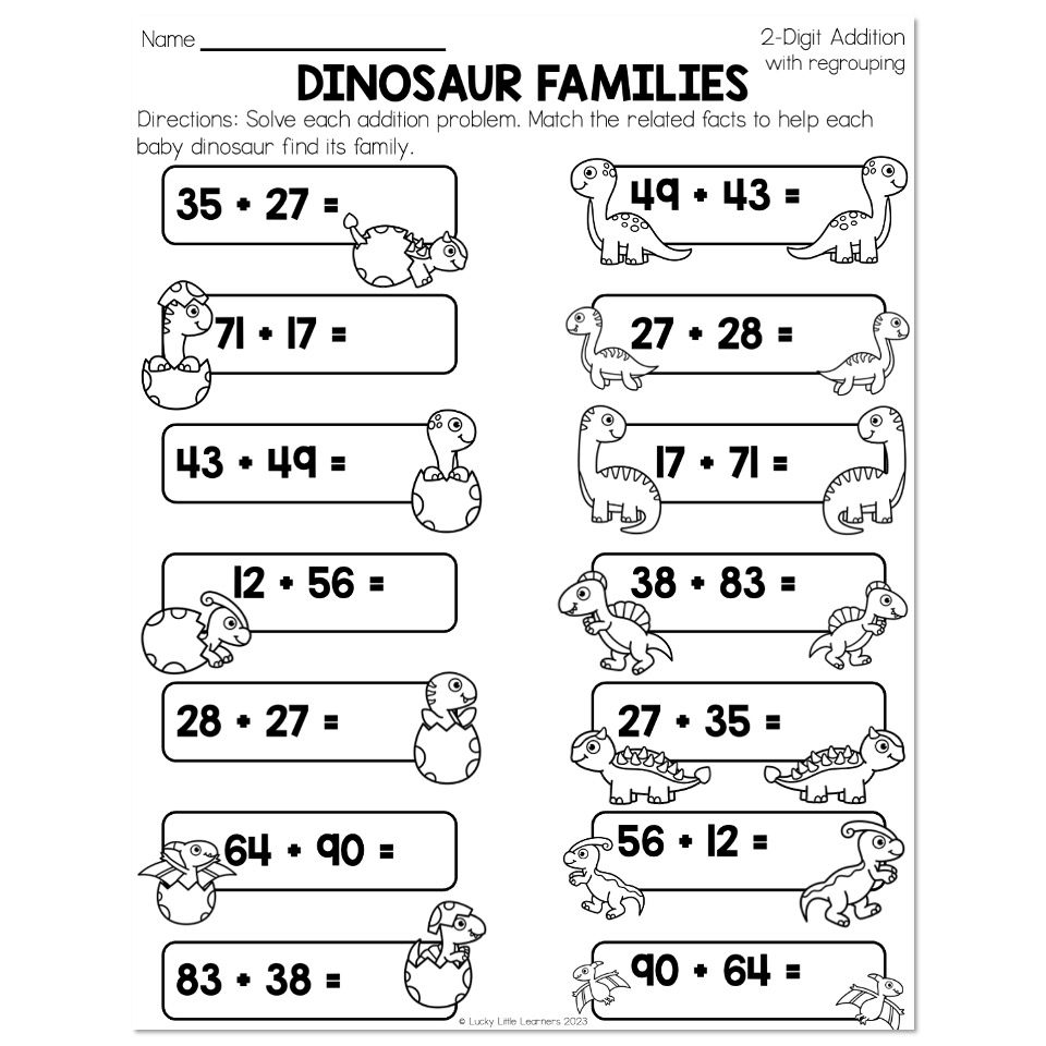Math Worksheets 2 Digit Addition With Regrouping Dinosaur 