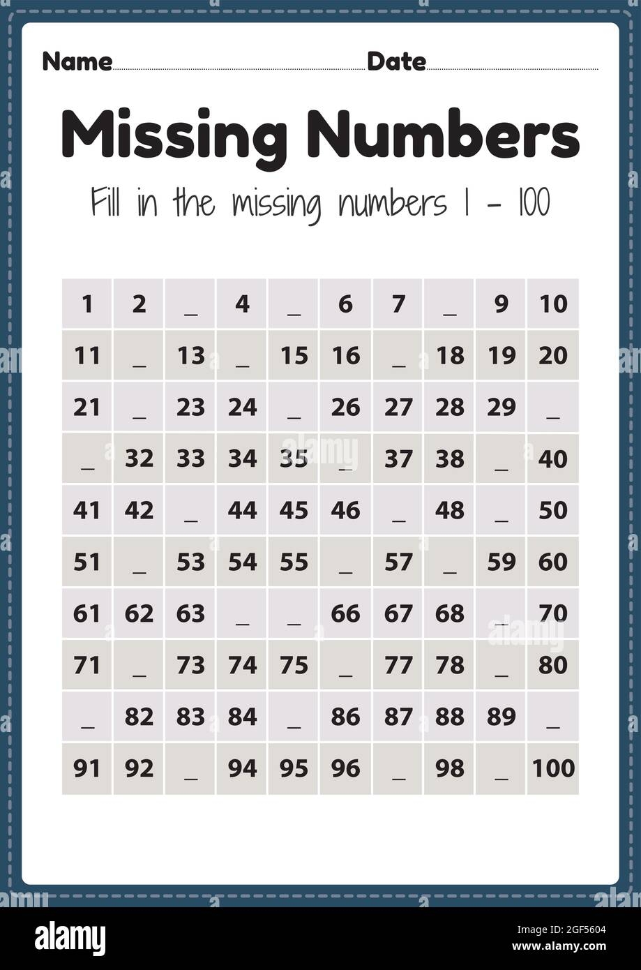 Maths Worksheet For Nursery Missing Numbers 1 To 100 Printable Sheet For Preschool And Kindergarten Kids Activity To Learn Basic Mathematics Skills Stock Vector Image U0026 Art Alamy